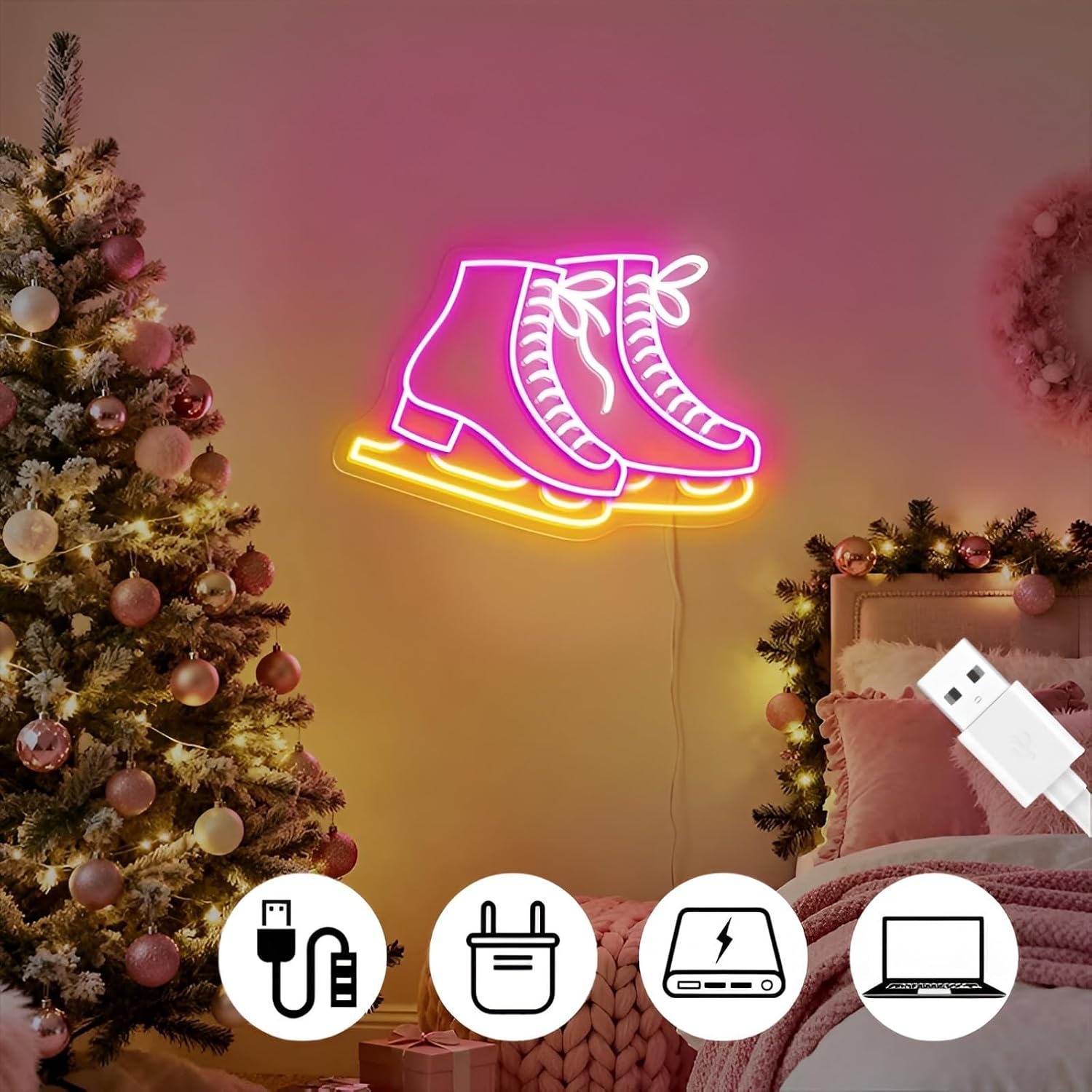 Ice Skates Neon Sign Winter LED Sign Christmas Holiday Decor Festive Custom Neon Light for Living Room Bedroom Skating Rink Winter Party Shop Display