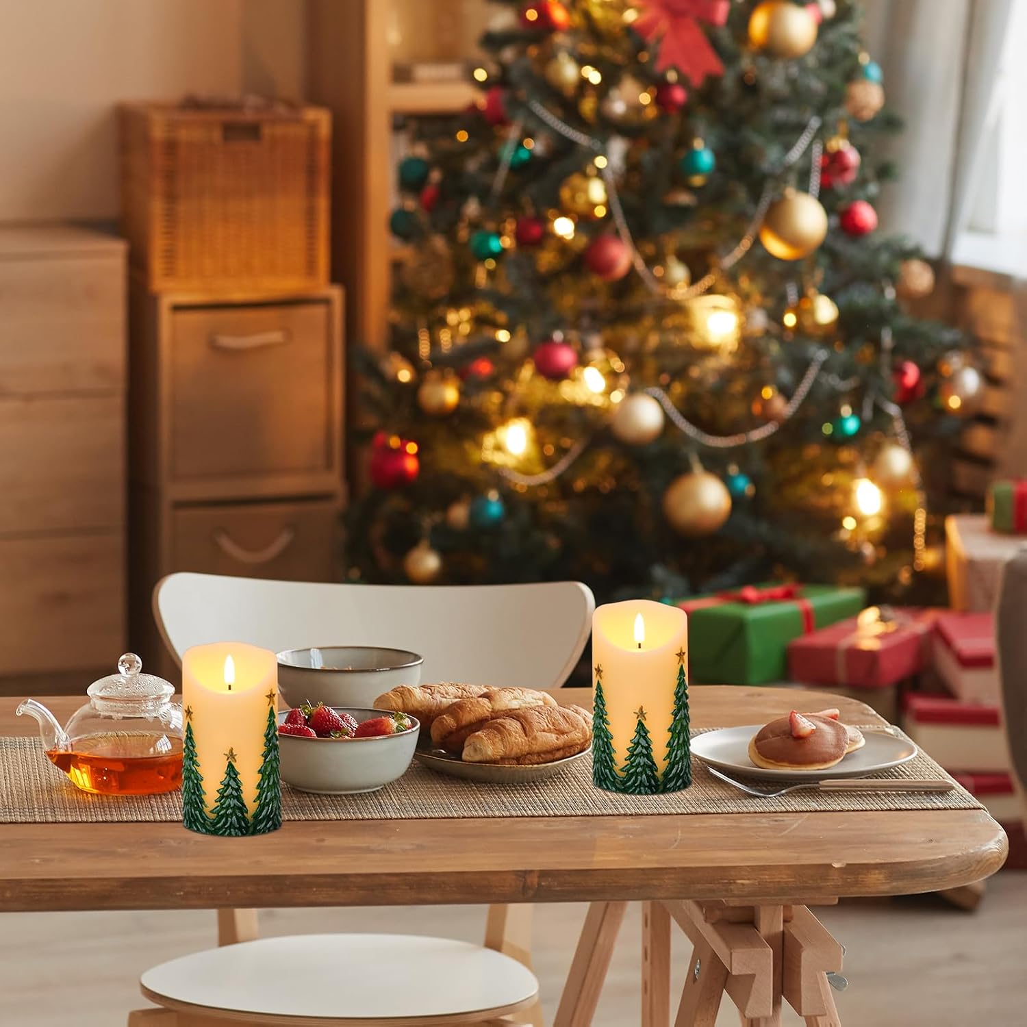 Christmas Tree Candles, Christmas Flameless Candles with 6H Timer, Set of 2 Real Wax Hand-Drawn Patterns LED Pillar Candle for Home Decorations