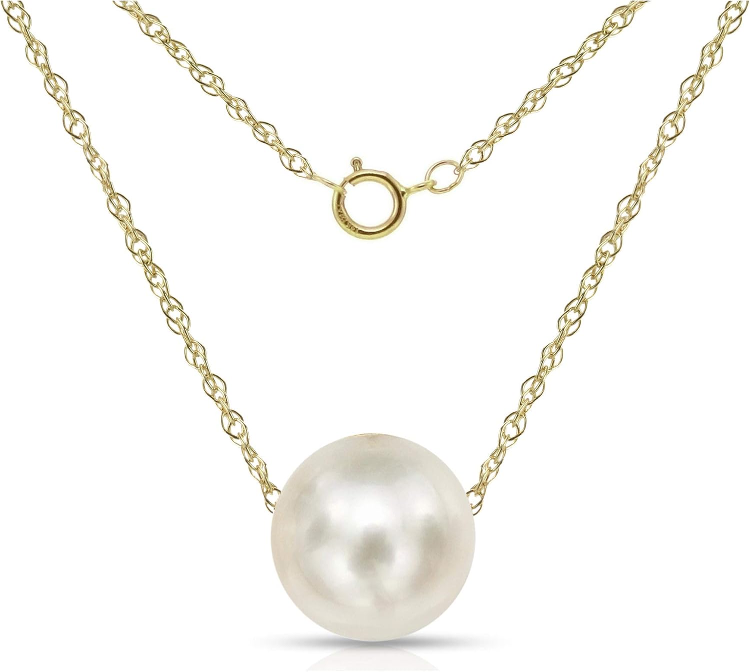 14K Yellow Gold Chain with 8-8.5mm White Freshwater Cultured Pearl Floating Pendant Necklace, 18"