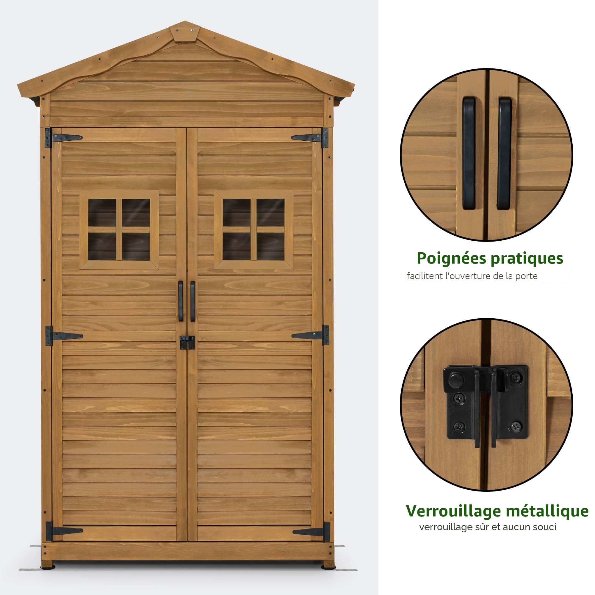 M MCombo Armoire de Jardin Abri de Jardin en Bois résistant aux intempéries, Armoire à Outils Outdoor, Remise à Outils avec 2 étagères Mobiles, 57×109×180 cm, 1152 (Nature)