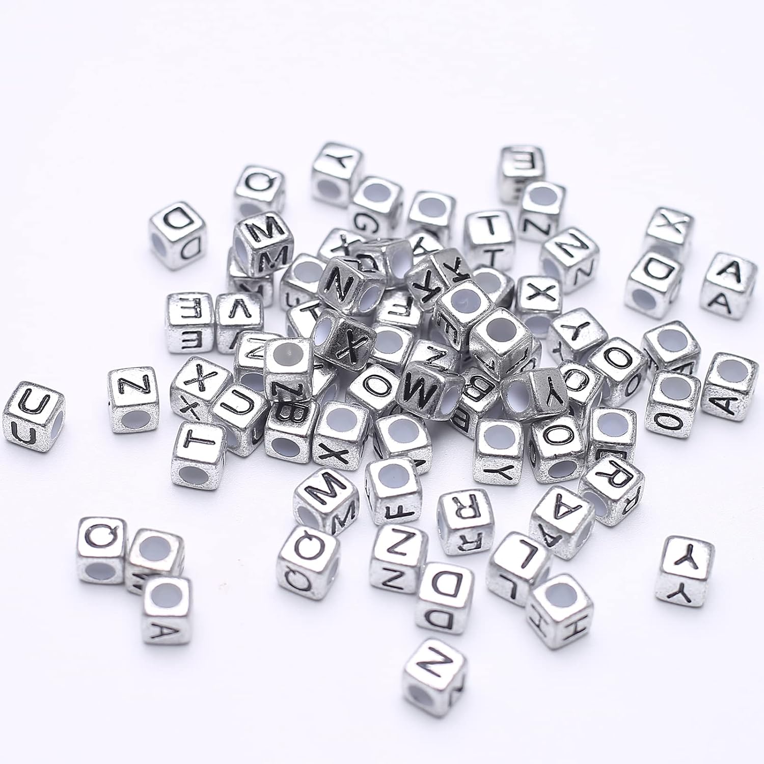 1000pcs Black Alphabet Silver-Metallic-Color Cube Bead Retro Square Letter Beads Vintage Silver Cube Alphabet Large Hole Beads Letter “A-Z”Square Bead for DIY Craft