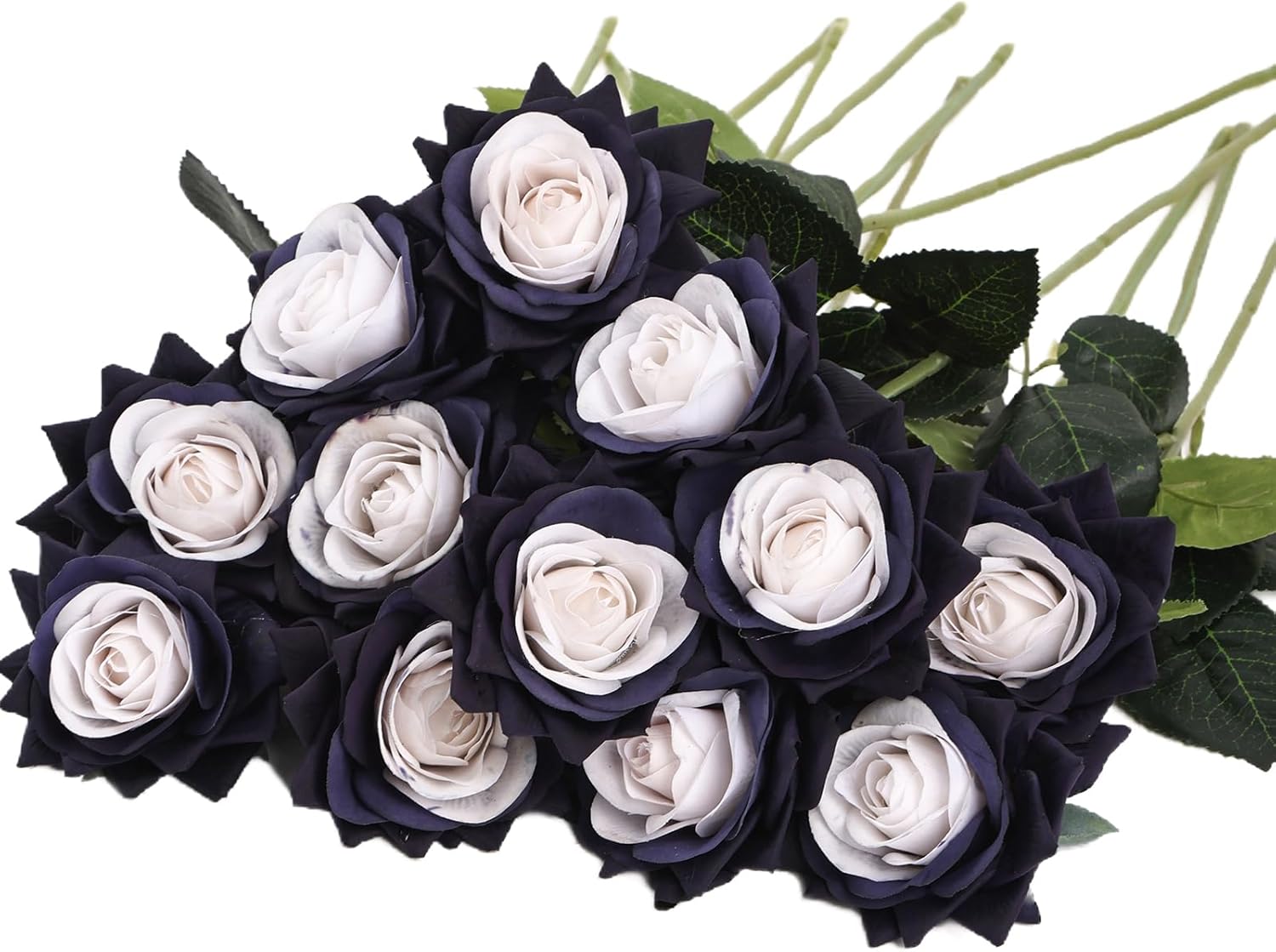 Kimura's Cabin 12pcs Lifelike Faux Roses Fake Flowers 16.9" Long Stem Silk Roses Real Touch Artificial Flowers, Fake Plants for Wedding Party Home Dining Table Centerpieces Decor,White core Black