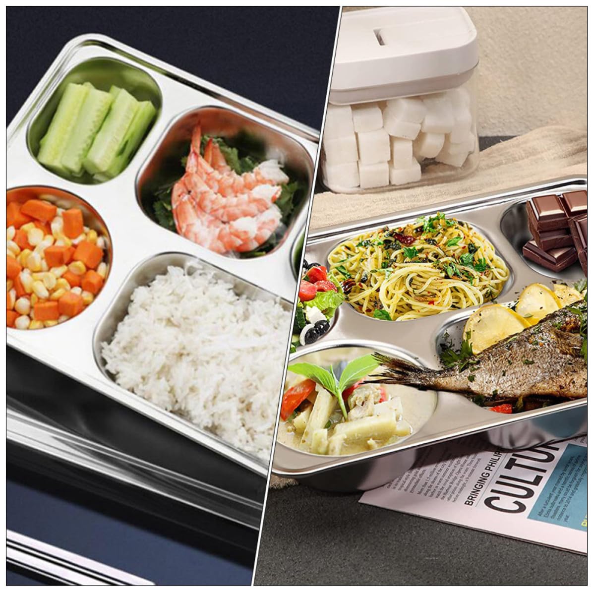 Assiette à Portion en Acier Inoxydable, Lot de 3, Rectangulaire Argenté | Plateau Repas Garçon et Filles Inox, Compartiments Séparés, Stable et Réutilisable, pour Pique-Niques et Hôtel
