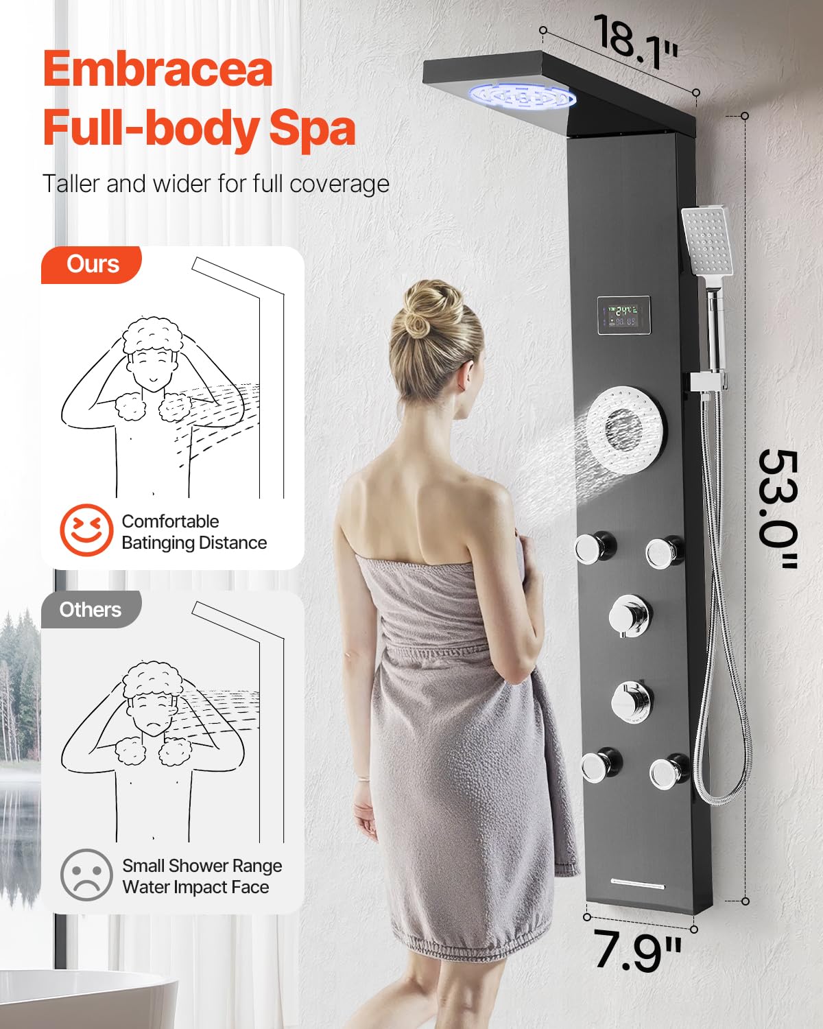 VEVOR Pannello Doccia con Sistema a Torre con Soffione a Pioggia, LED, Colonna Doccia in Acciaio Inox Spazzolato da 1345 mm Rubinetto a 6 Funzioni, con 5 Getti Corporei, Doccetta, Beccuccio per Vasca