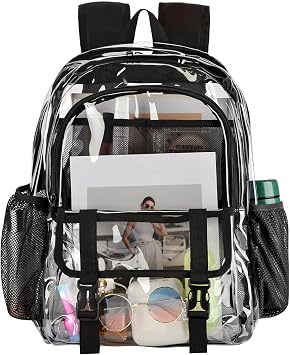 Clear Backpack, Large Clear Bag Stadium Heavy Duty PVC Transparent See Through Backpacks for Boys Girls, College, Work, Black