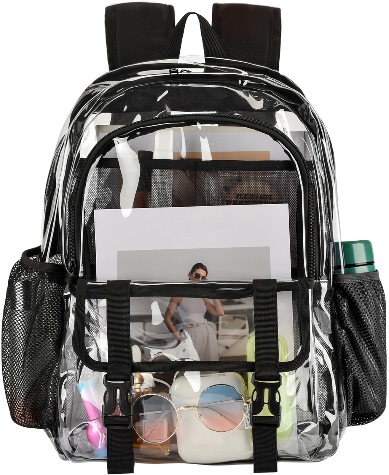 KUI WAN Clear Backpack, Large Clear Bag Stadium Heavy Duty PVC Transparent See Through Backpacks for Boys Girls, College, Work, Black