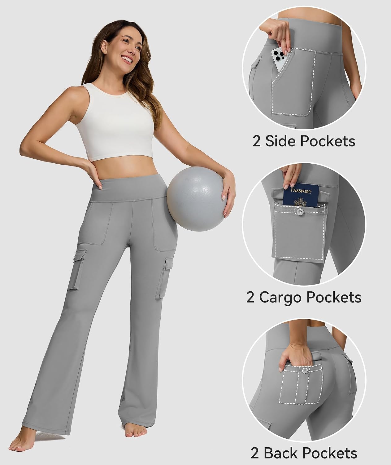  Women's Yoga Flare Leggings with 6 Pockets High Waisted Cargo Pants | Non See-Through, 4-Way Stretch, Tummy Control Bootcut, Buttery Soft, Moisture-Wicking, Work Scrub, Workout, Casual&Travel thumbnail