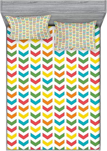 Ambesonne Arrow Fitted Sheet & Pillow Sham Set, Illustration of Colorful Repetitive Arrows Pointing Downwards on a Plain Background, Decorative