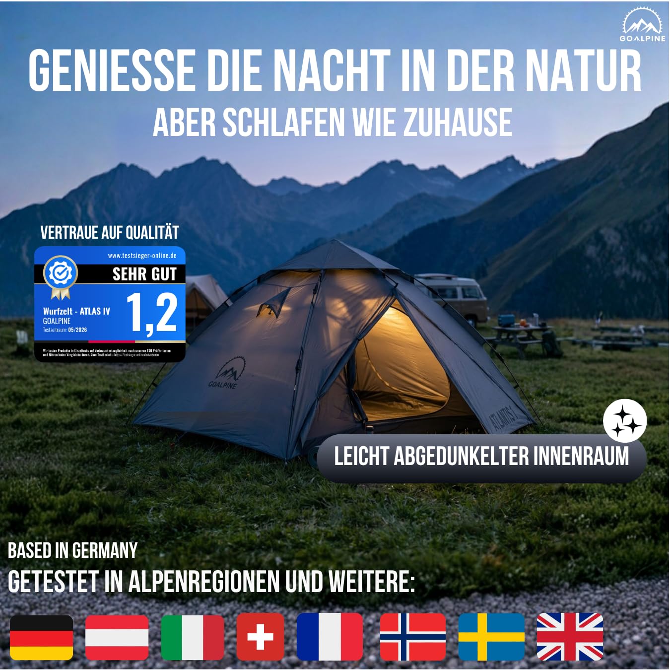 GOALPINE® Atlas IV Wurfzelt Pop-up Zelt für 2-4 große Personen, 100% Wasserdicht, in 40 Sekunden aufgetellt, 3 in 1 für Camping, Festival & Strand, Innen Leicht Verdunkelt