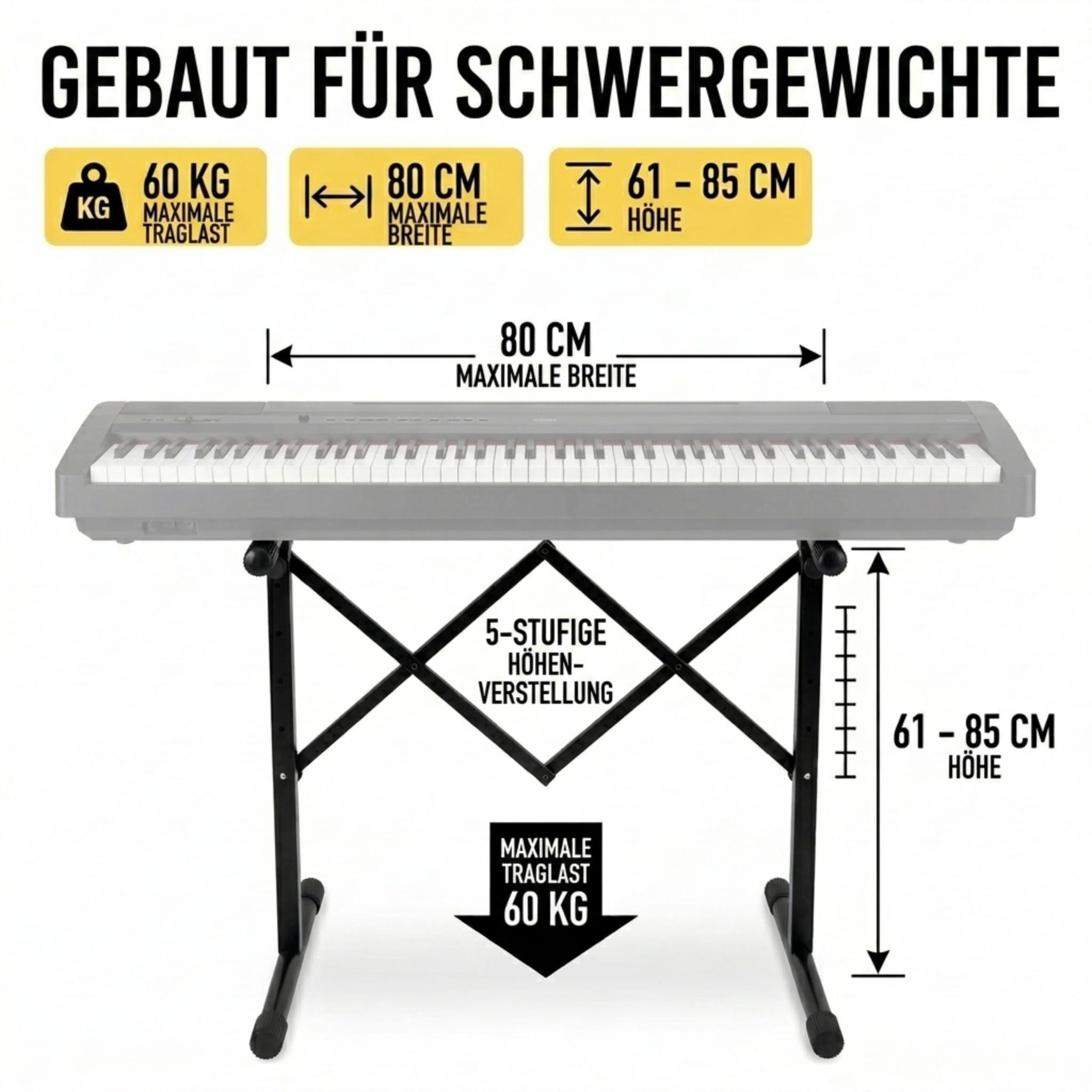 Classic Cantabile KBA-880BK Keyboard- und Mixertisch (höhenverstellbar von 61 bis 85 cm, einfach zusammenklappbar, ausziehbar bis 80 cm Breite, stabile Stahrohrkonstruktion) Schwarz