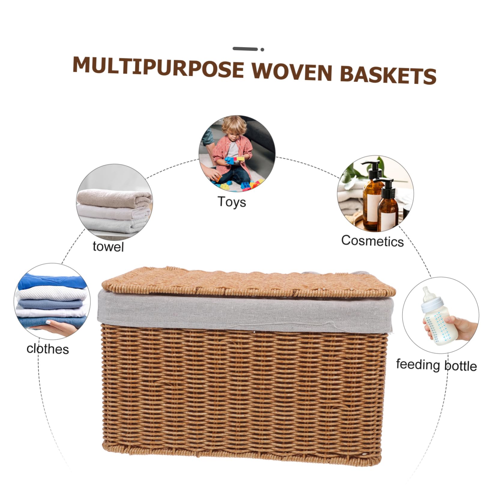 Cestino Rettangolare Intrecciato in Vimini con Coperchio e Doppie Maniglie, Porta Oggetti Versatile per Biancheria e Libri, Contenitore Grande 36x26x21 Cm per Organizzazione Casa