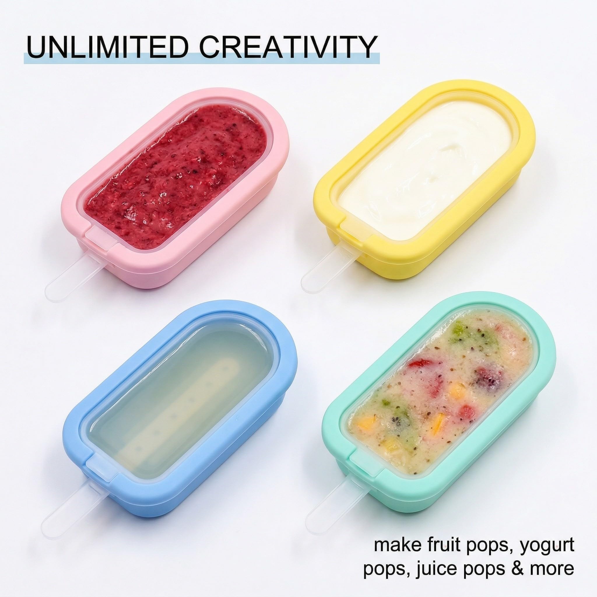 4 Moldes de Silicona para Helados y Polos Reutilizables, sin BPA, fácil desmolde para niños y adultos, 4 colores vibrantes para postres caseros DIY.