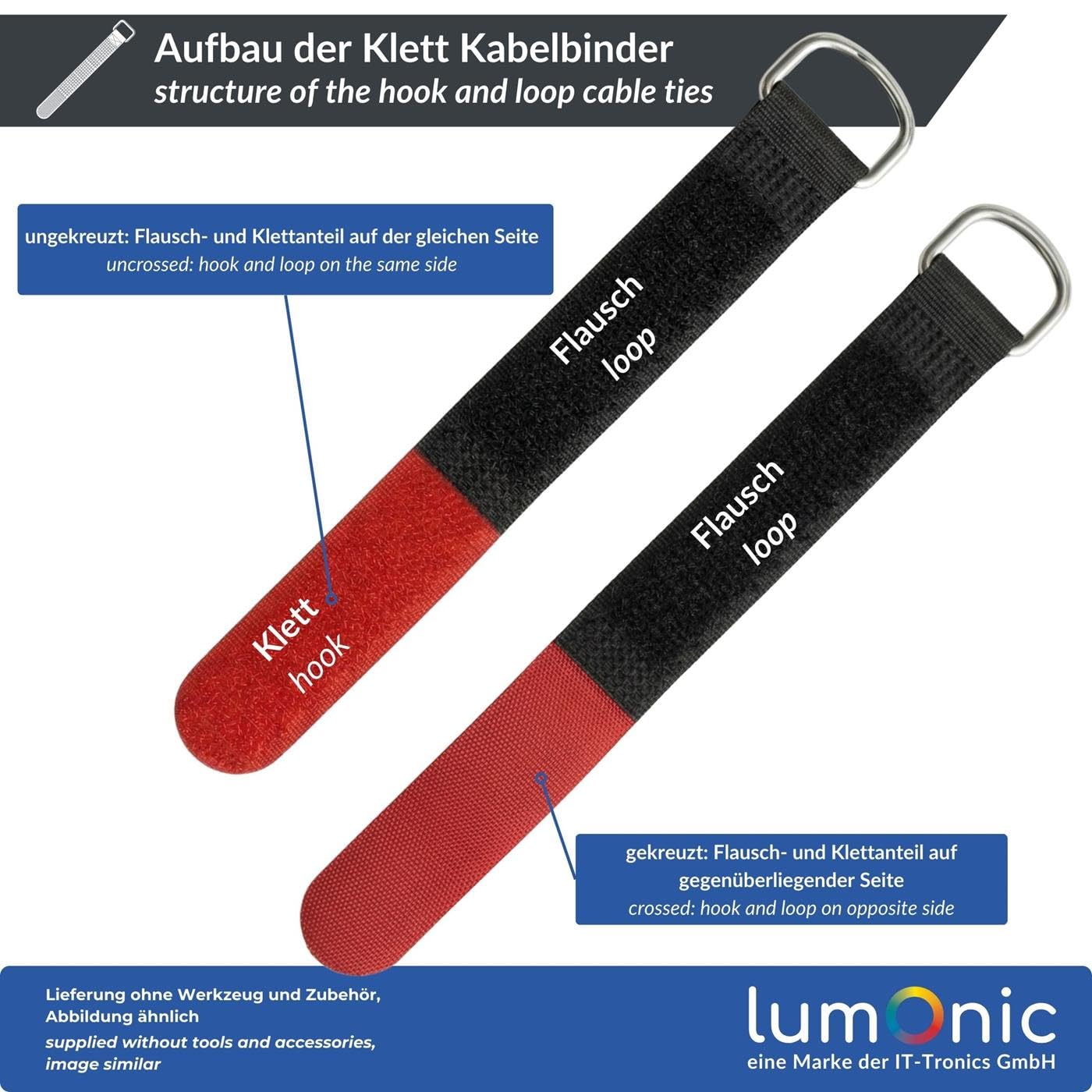 Lumonic 10 Kawalek Opaski kablowe na rzep czarny | 200x20mm | skrzyzowane | Wytrzymale metalowe oczko, rzep kablowy moze byc wielokrotnie uzywany | Proste zarzadzanie i organizacja kabli