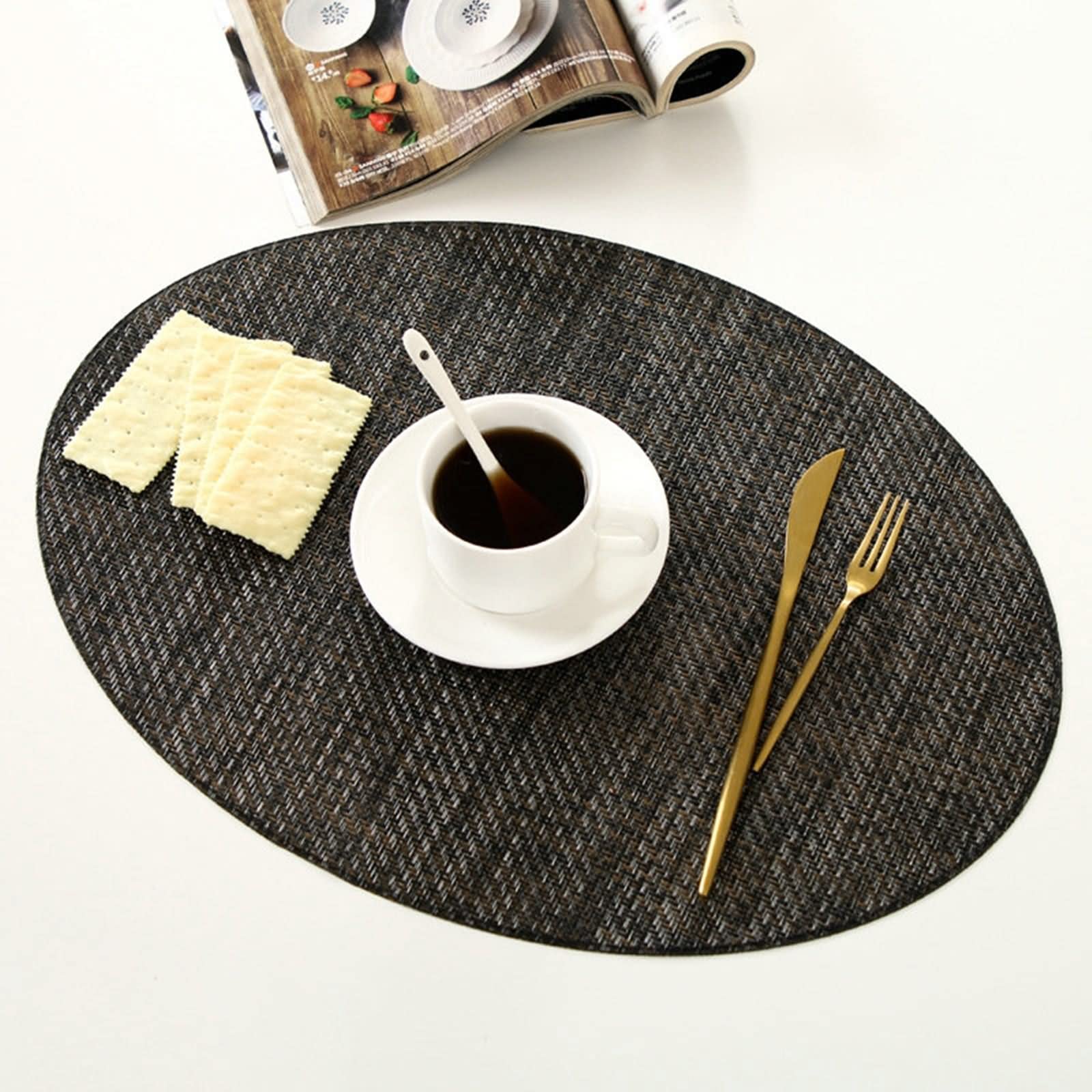 Juego de 6 manteles individuales para otoño, color negro, 45 x 30 cm, tejido ovalado, PVC