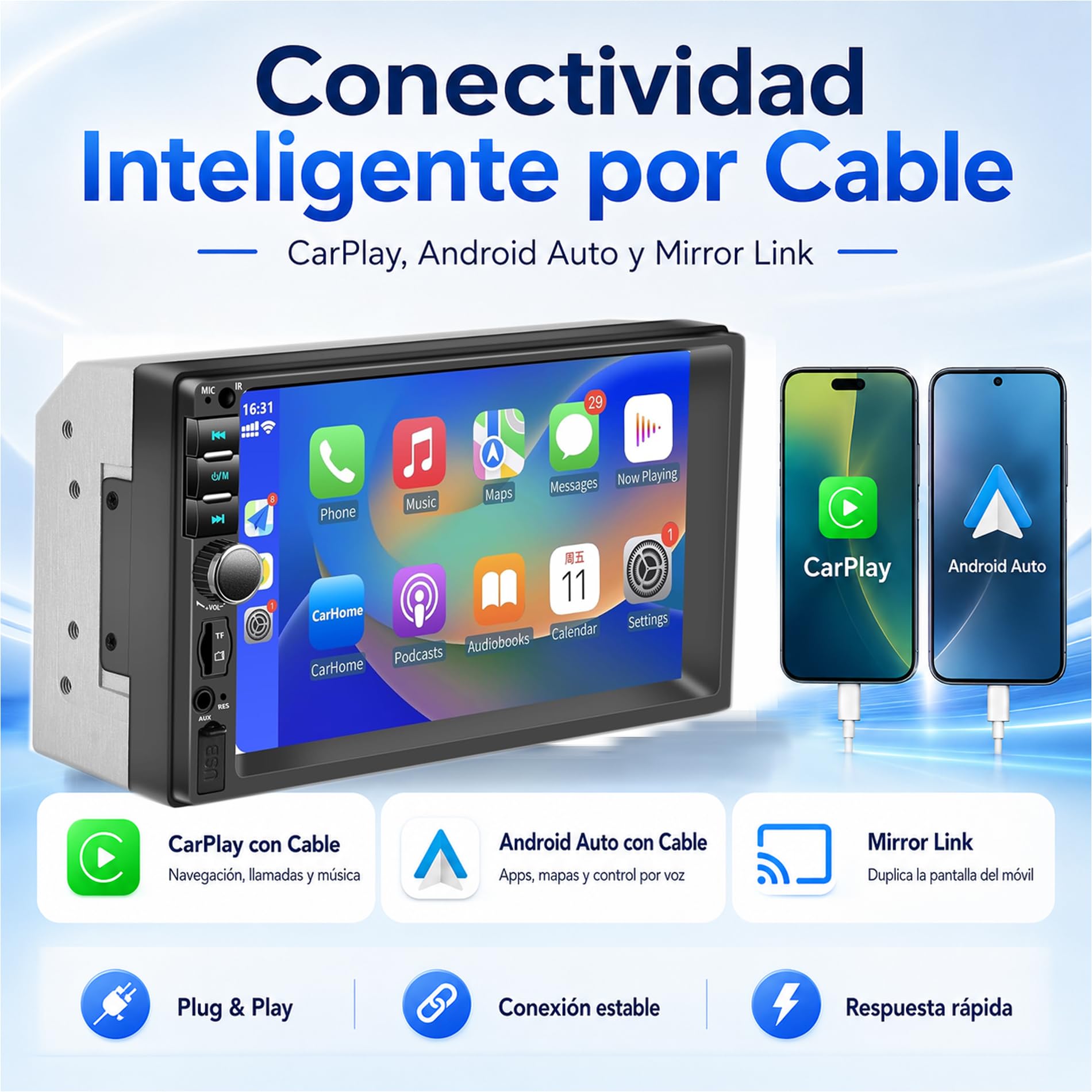 Autoradio Bluetooth 2 DIN con Carplay e Android Auto, 7 pollici con touchscreen 1080P Car Stereo supporta vivavoce/FM/Mirror Link/Wheel Control/porta USB/AUX/EQ/TF/WMA