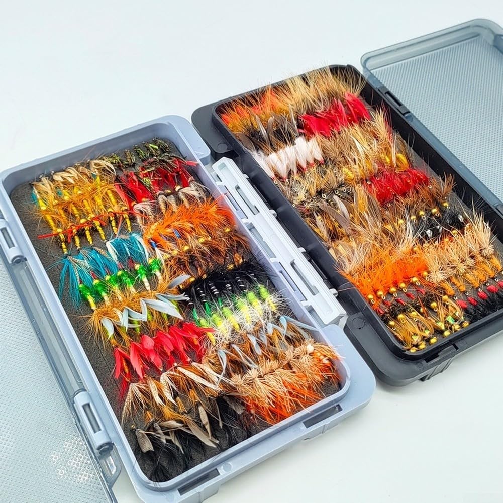Kit Mosche Pesca 120pz Dry Wet Nymph per Trota(120) | 120 misti, dry wet nymph, scatola magnetica, uncini affilati, trota bass fiume