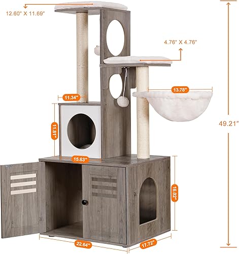 Miniatura 3 de Heybly Árbol para gatos, caja de arena de madera con estación de alimentos, muebles de interior todo en uno para gatos con plataforma grande y