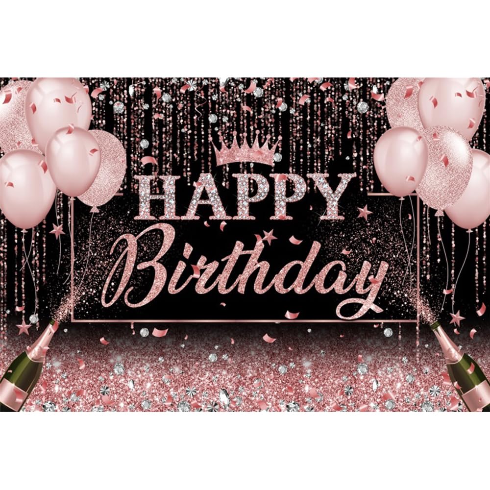 6x3m Sfondo di compleanno in paillettes glitterate per ragazze Rosa rosa Corona Palloncino Champagne Diamanti scintillanti sfondo fotografico Decorazioni per il compleanno della neonata