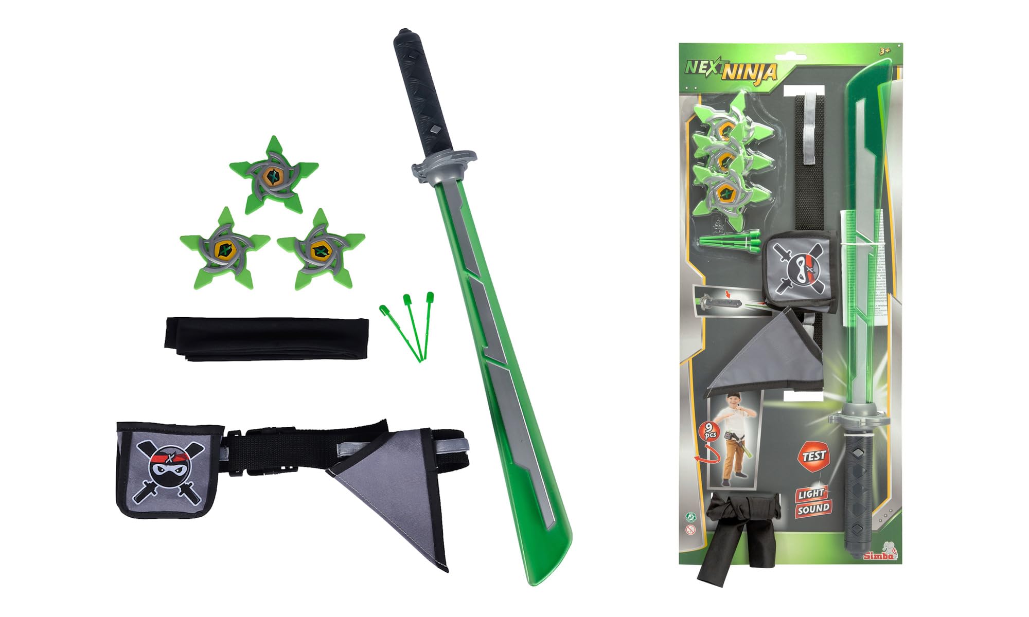 Simba Next Ninja Mega-Set, 9 Teile, Gürtel verstellbar bis 80cm, Schwert mit Licht und Sound, Schussfunktion, DREI Pfeile und Sterne, Stirnband, ab 3 Jahren