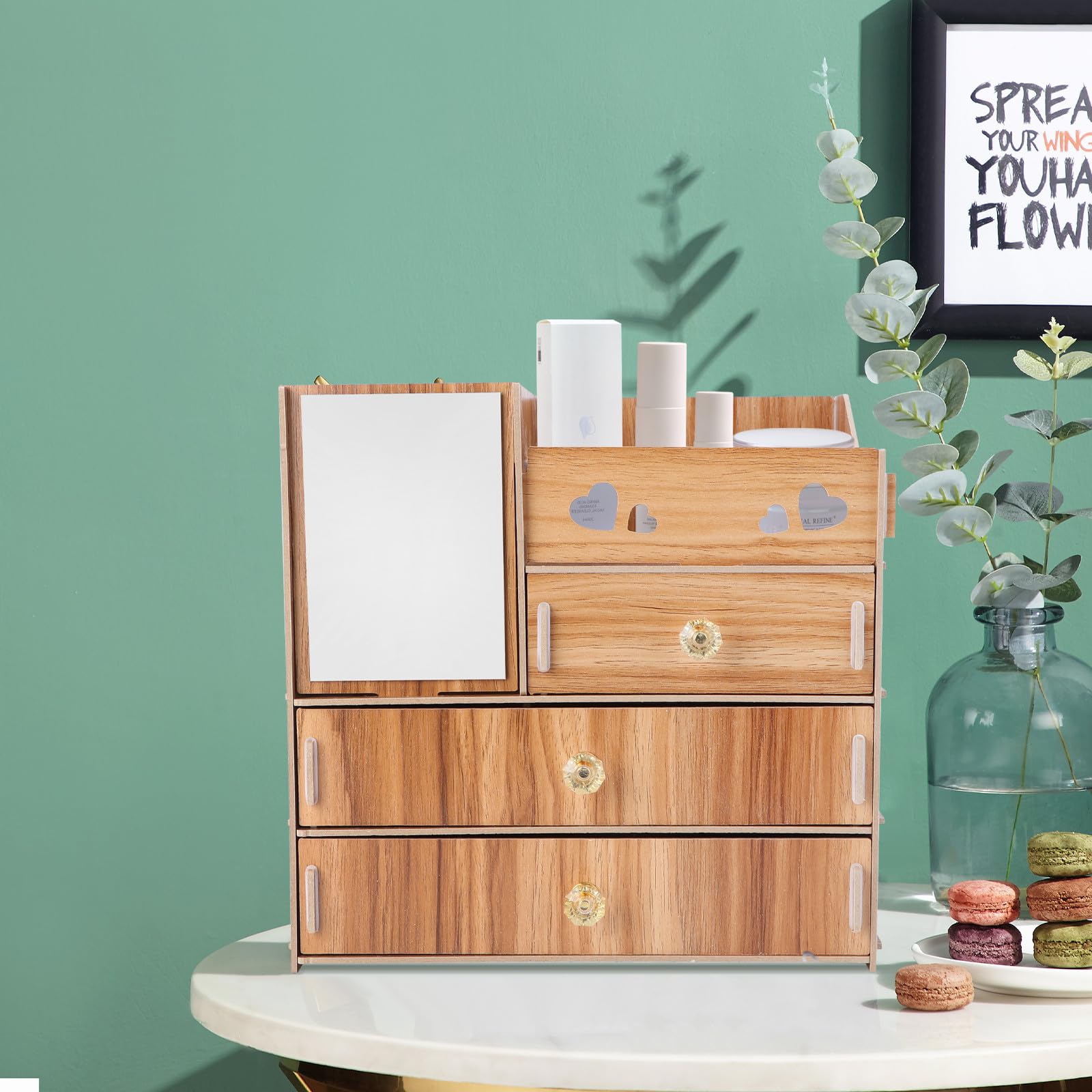 Boîte de Rangement Cosmétique en Bois Multifonctionnelle Tiroir Robuste et Miroir Intégrés pour Organiser Maquillage Bureau