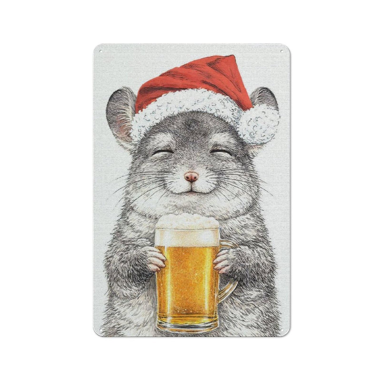 Chinchilla in Santa Hat with Beer Vintage Metal Wall Decor 30x20cm, Vintage Metal Sign for Cafe, Bistro, Bakery Or Restaurant