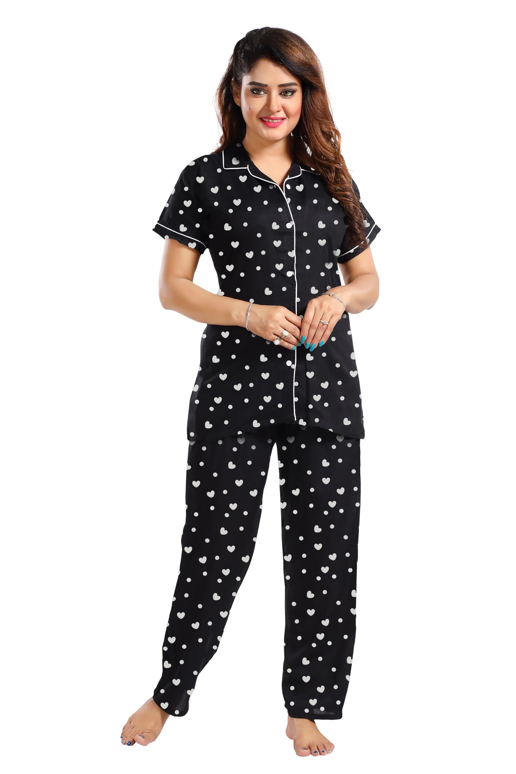 yazia Women's Cotton Heart/Box/Zigzag Printed Night Suit Set of Shirt and Pyjama H_P BLK-picture-43