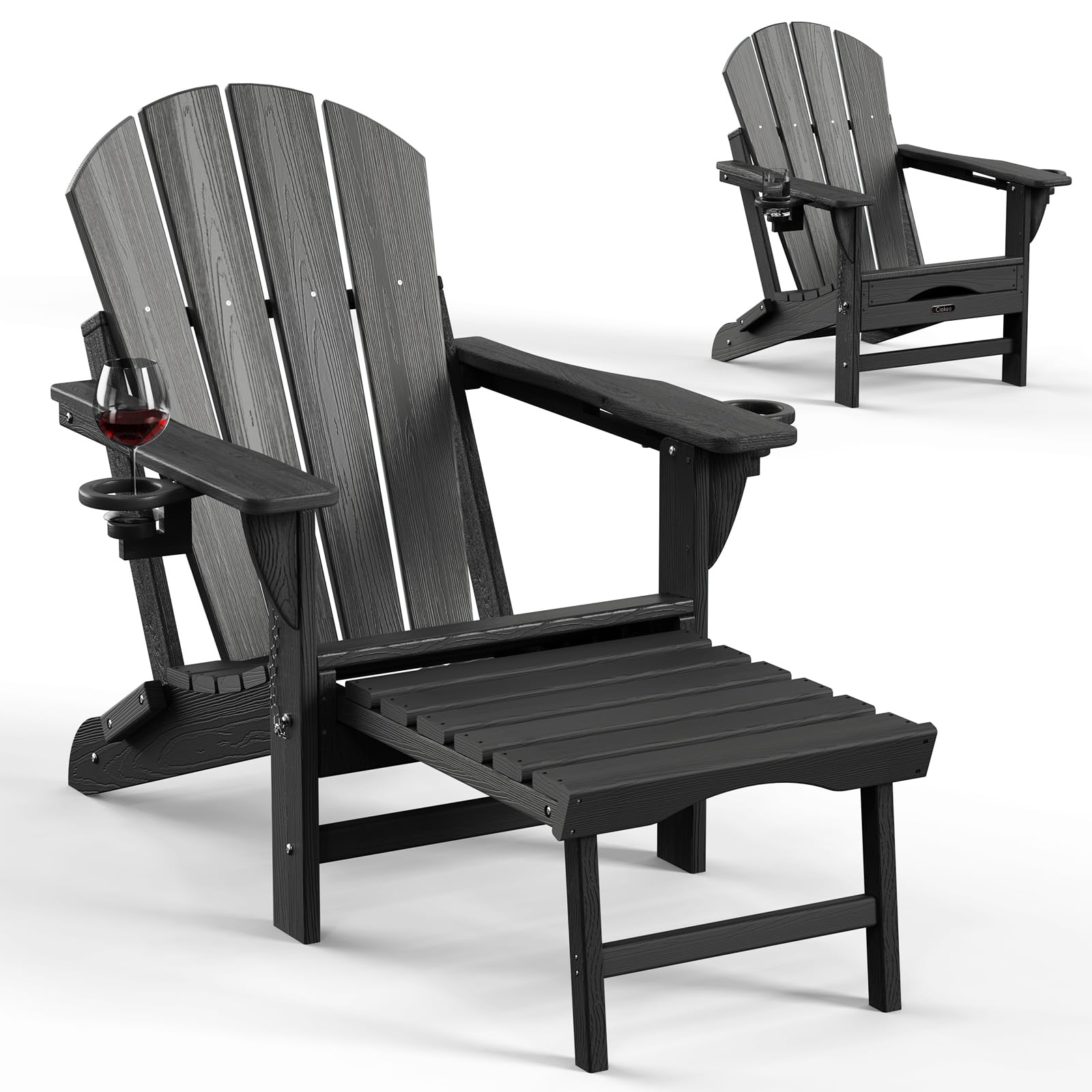 (one broken part) Folding Adirondack Chair with Retractable Ottoman Fire Pit Chair Patio Adirondack Chair Weather Resistant Lawn Outdoor Lounge Chair with 2 Cup Holder (Black)
