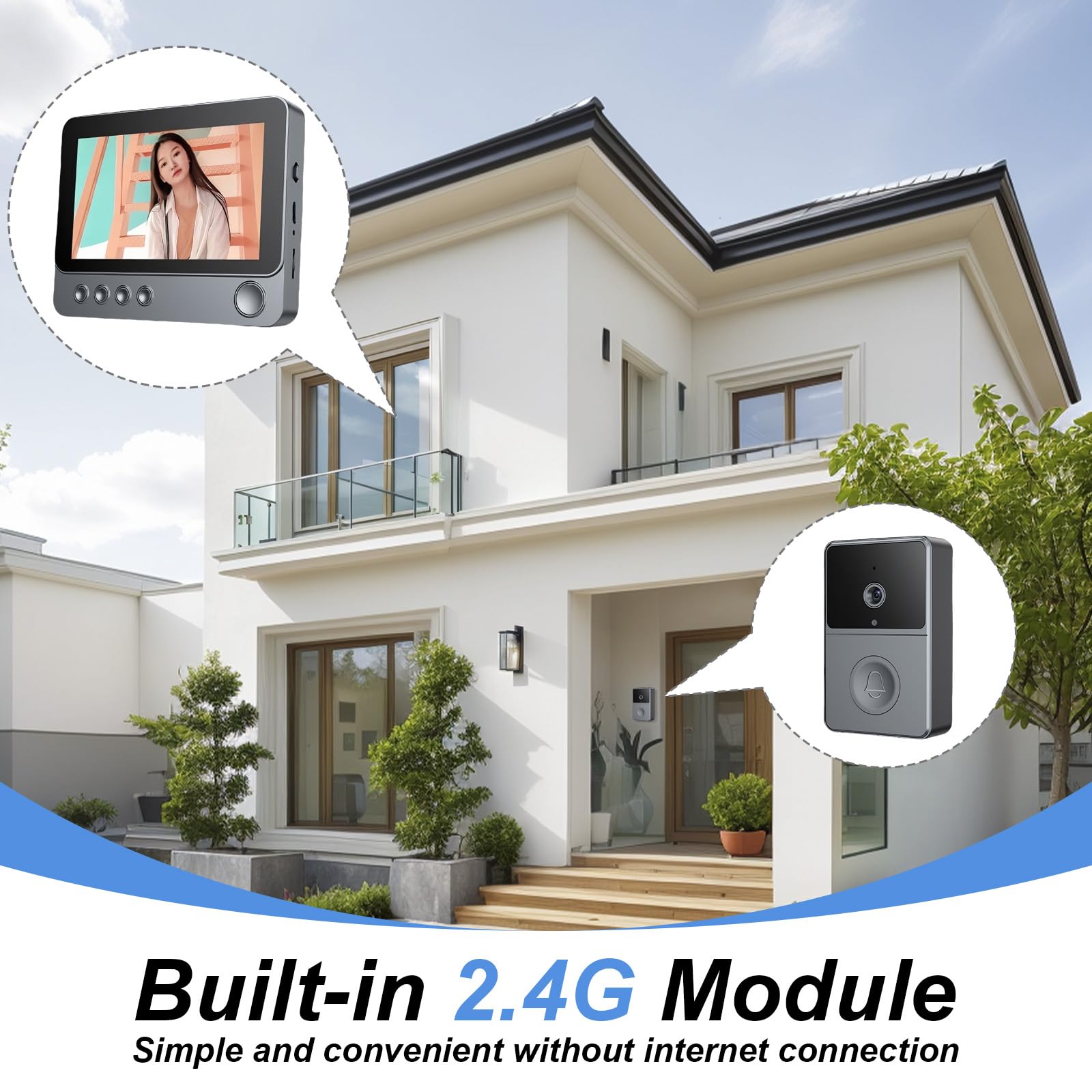 1080P Video Türklingel Kabellos mit Kamera, 4,3 Zoll Bildschirm Drahtlos Video Türklingel, IPX4 Wasserdicht Video Gegensprechanlage Türklingel ohne WLAN, kein APP, Video 70°, 2.4GHZ Videodoorbell