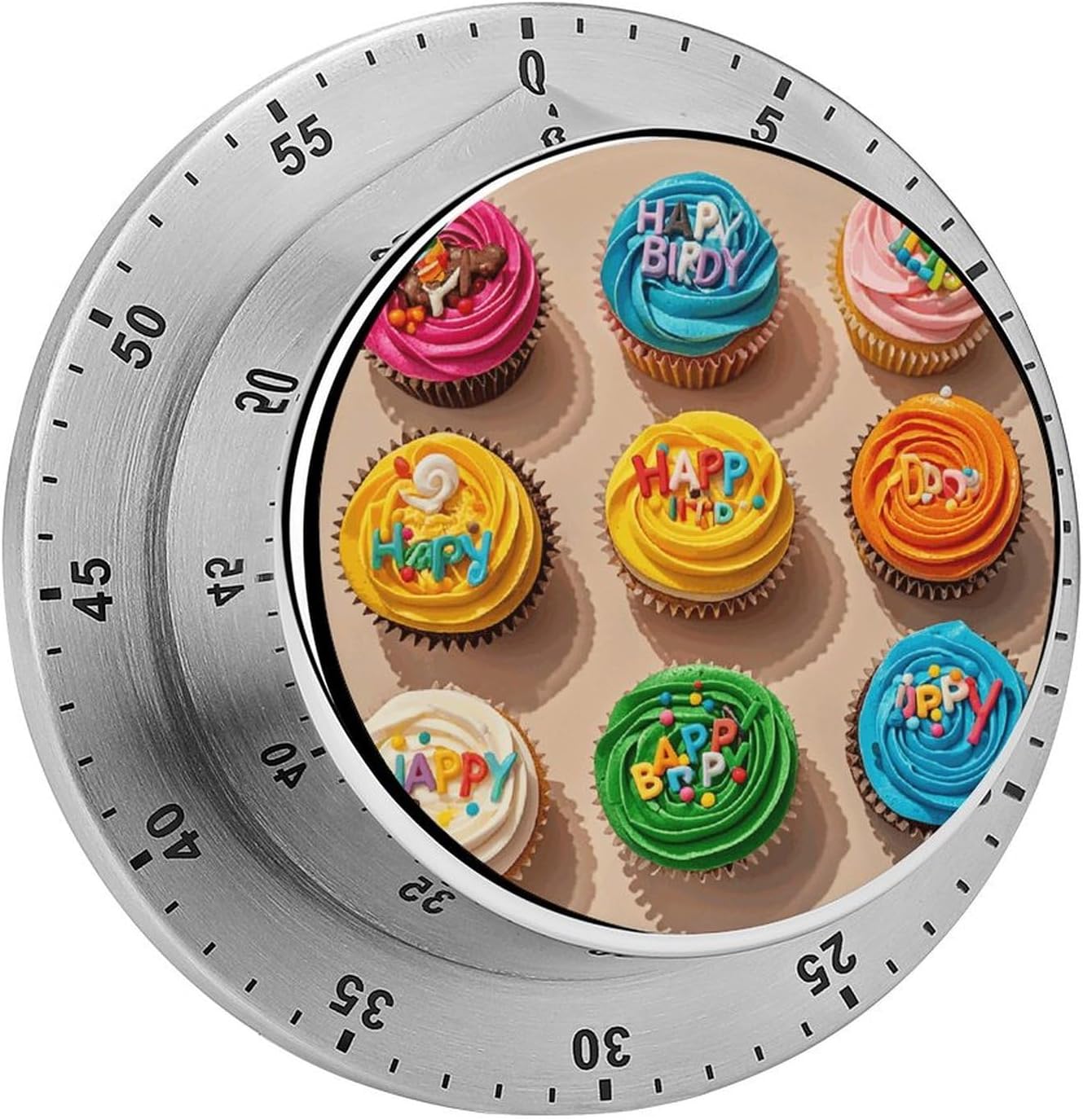 Colorful Happy Birthday Cupcakes Timer Stainless Steel Kitchen Timers Waterproof & Rust-Proof 60 Minute Mechanical Timer with Loud Alarm for Cooking, Baking, Fitness