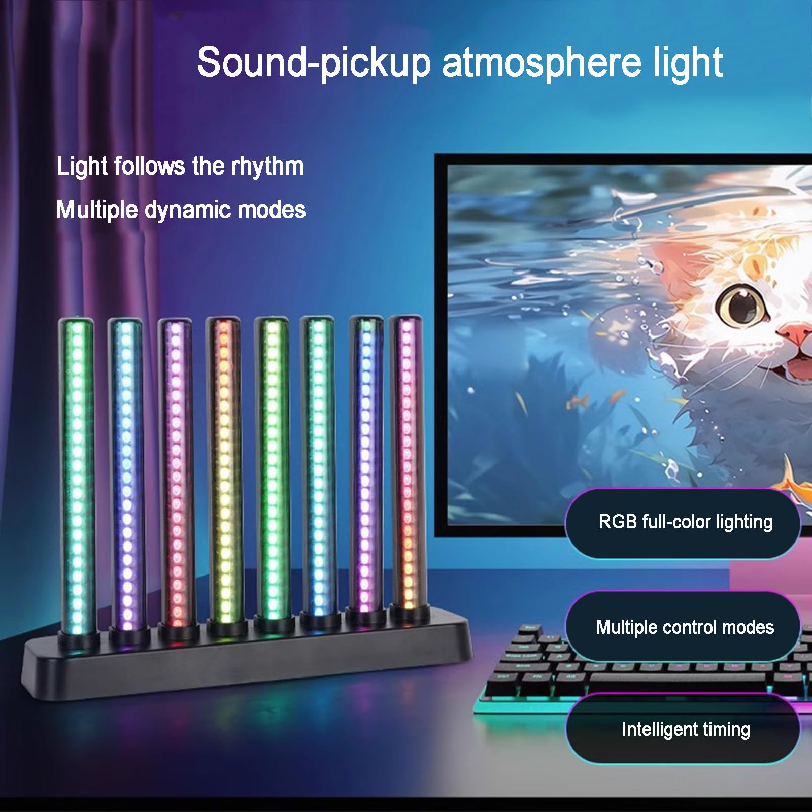 Światło spektrum muzyki ze zmianą kolorów RGB, 8 lamp Nixie, 3 tryby dynamiczne, aplikacja i pilot zdalnego sterowania, aktywacja głosowa, regulowana jasność do sypialni i studia