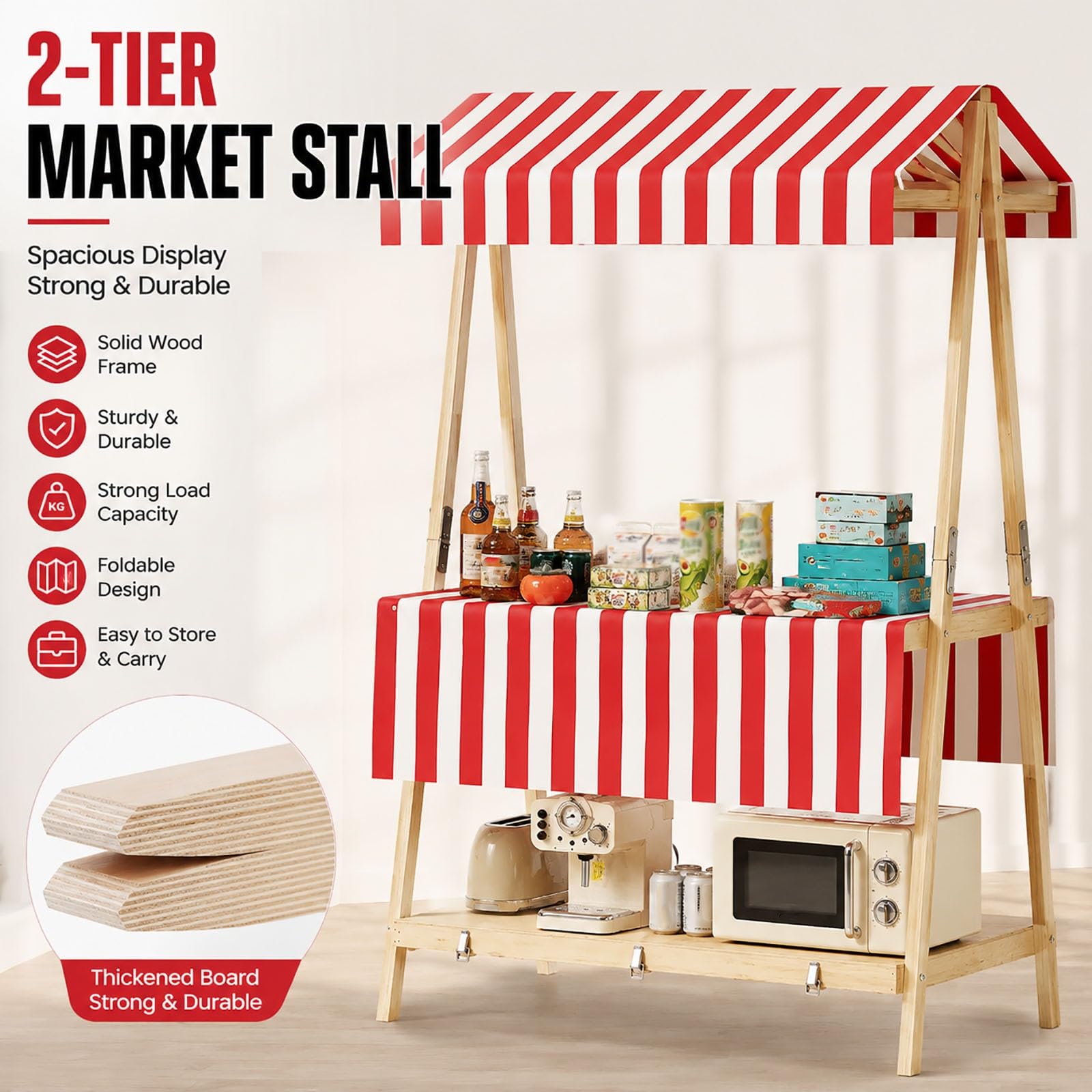 Bancarella da Mercatino Pieghevole in Legno Stand Vendita 2 Livelli con Tettoia Espositore | Bancarella da Mercatino Pieghevole Legno Stand Vendita 2 Livelli Espositore(Red,106cm/42")