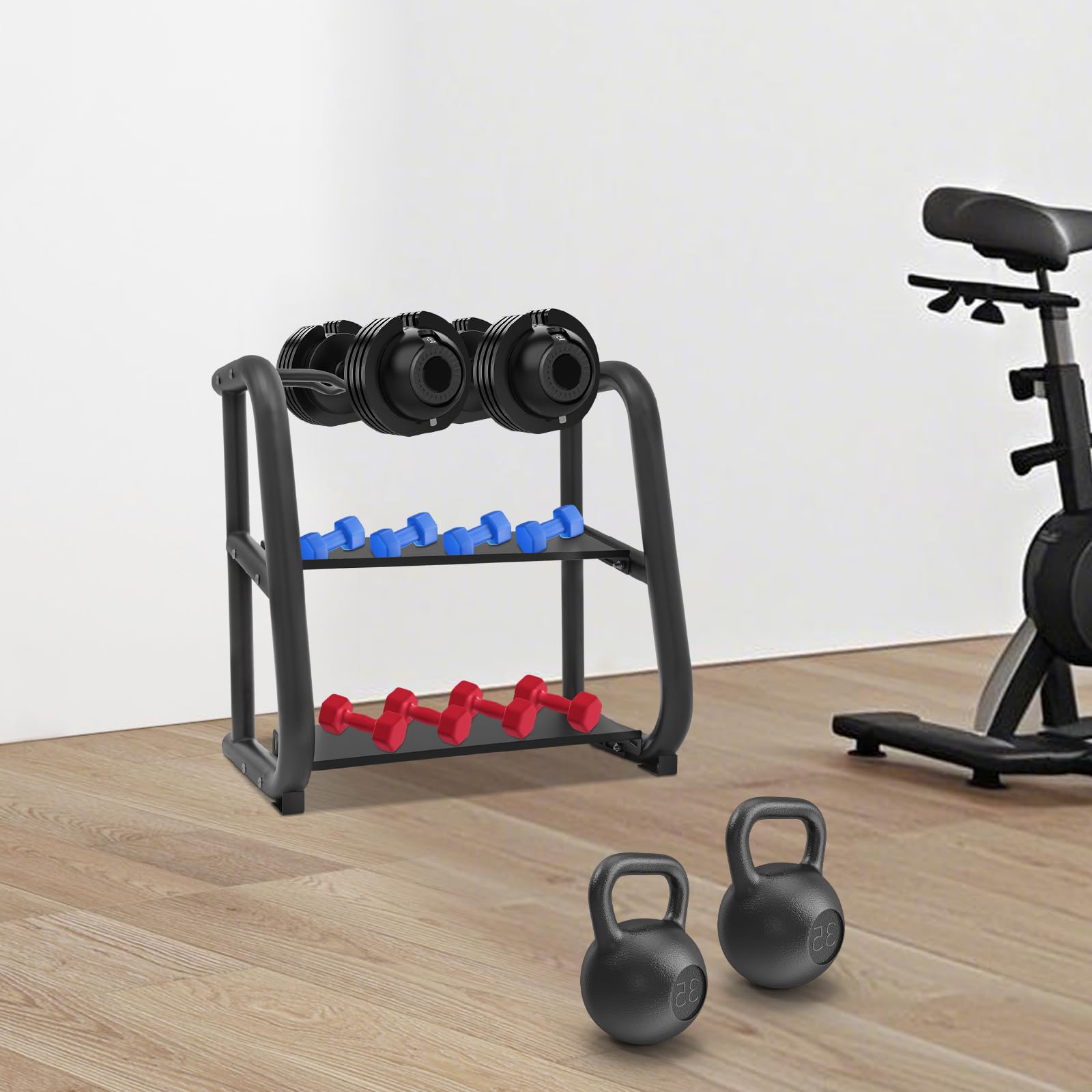 Supporto multifunzione a 3 livelli, supporto per bilancieri, supporto kettlebell, capacità di carico 100 kg, per la conservazione di manubri, bilancieri e kettlebell