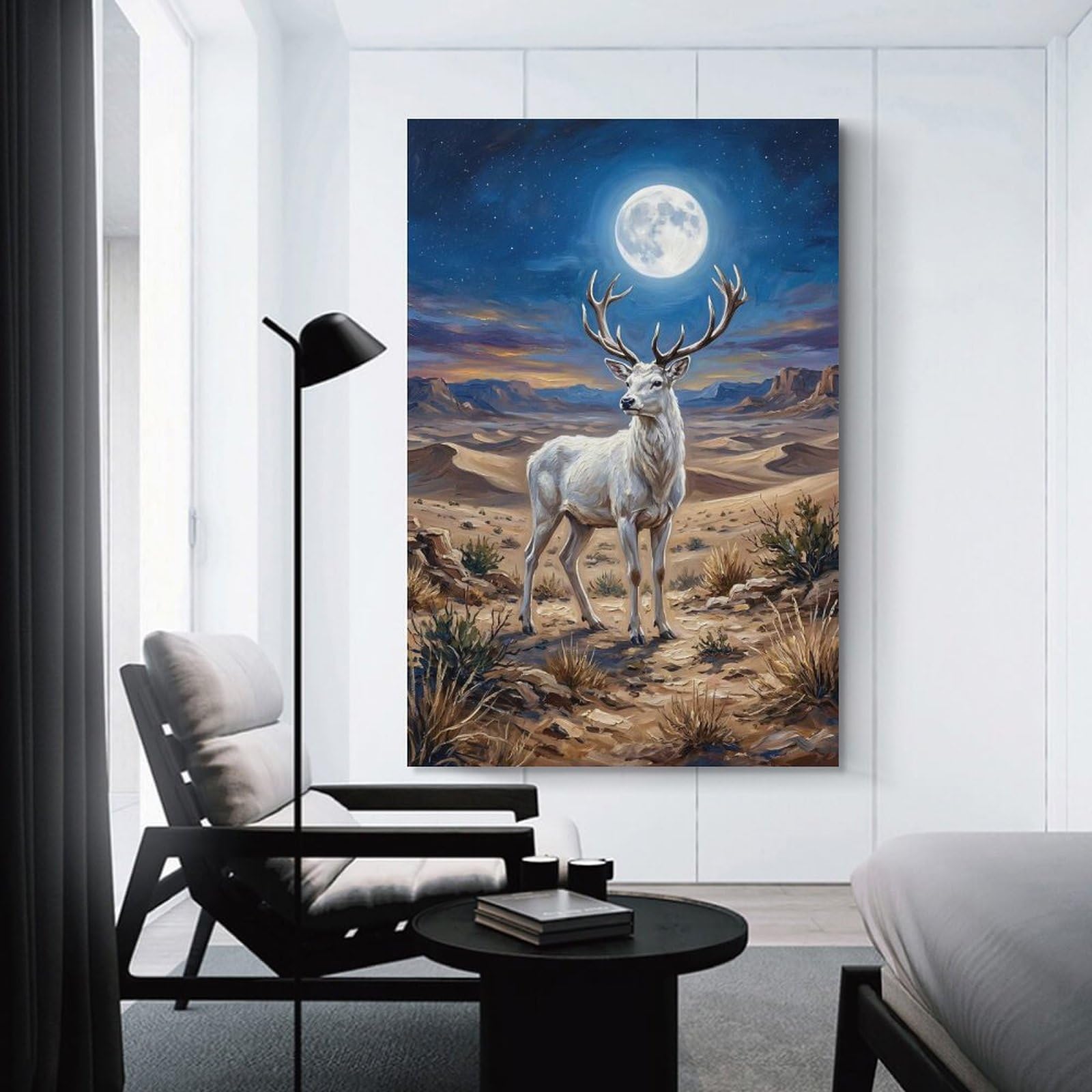 Junmoney Canvas Art Print White Stag Under A Full Moon, 20x30inch(50x75cm), for Office, Study Or Home Workspace, Decorative Artwork for Productive Spaces