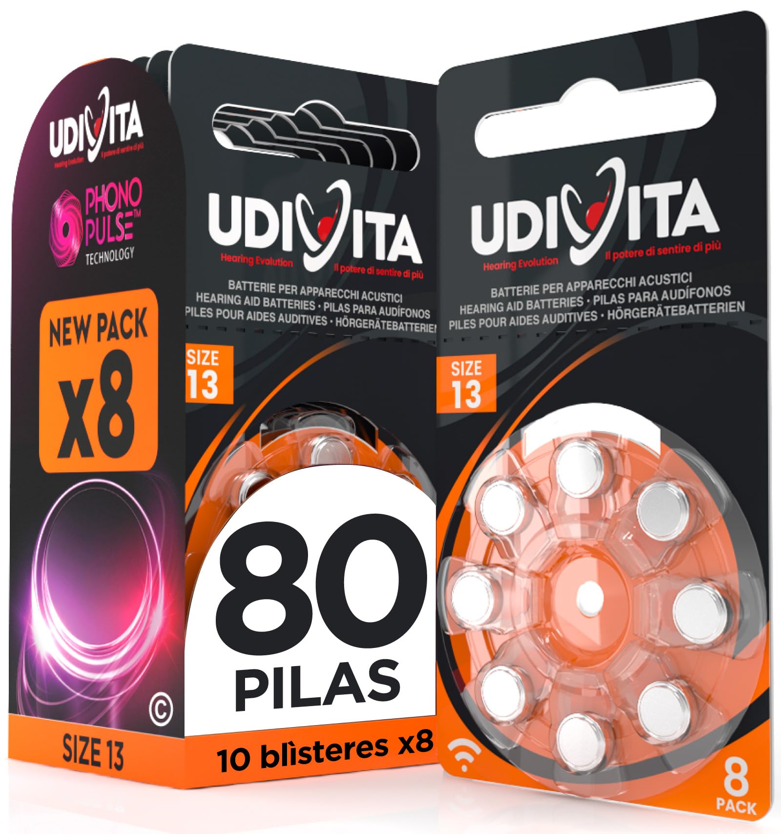 80 Pilas para Audífonos Tamaño 13 Udivita PR48 (Naranja) Zinc-Aire con Tecnología Phono Pulse - 10 Blísteres de 8 Pilas