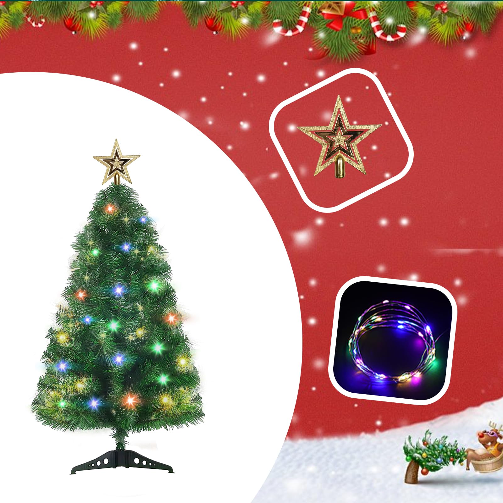 Mini sapin de Noël artificiel de table de 0,9 m avec 140 branches et lumières, petit sapin de Noël pour appartement, bureau, décoration de fête, vert