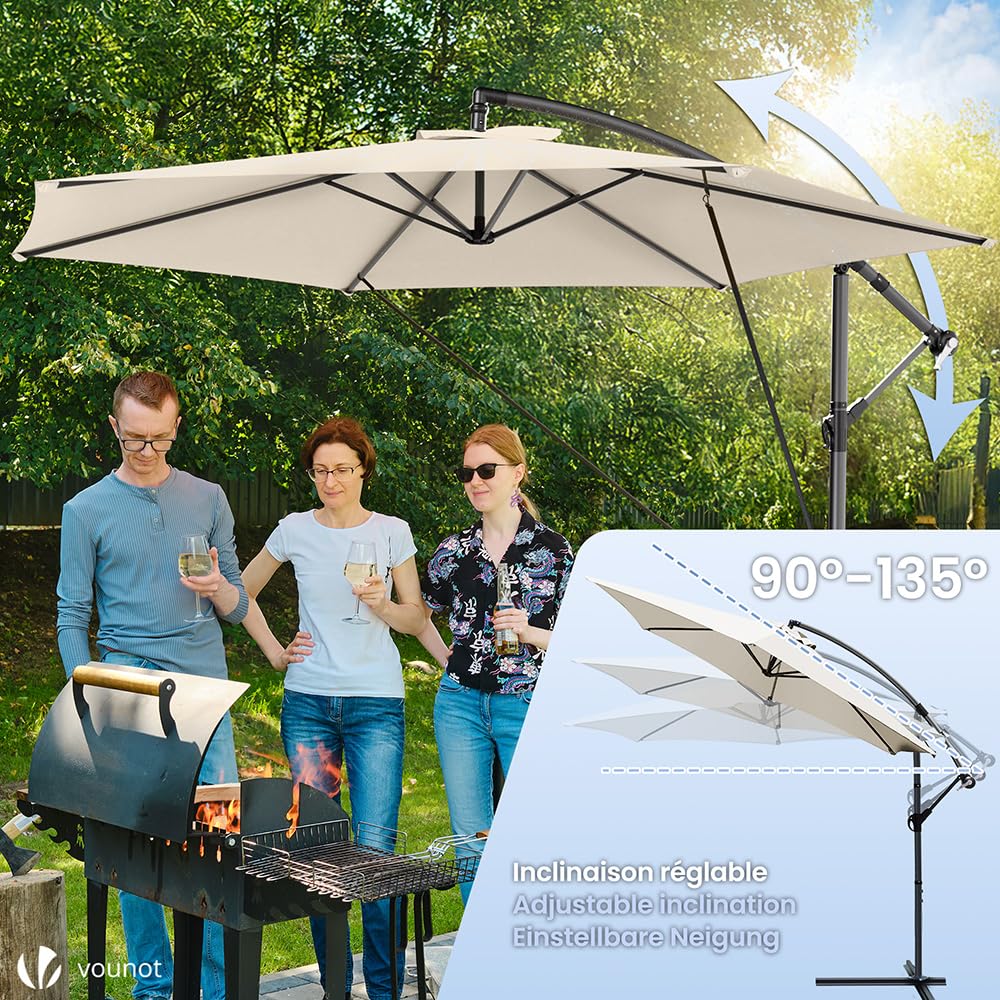 VOUNOT® 300 cm Parasol Excentrico, Sombrilla de Jardín con Manivela, Funda Protectora y Correa de Fijación, Protección UV, Beige