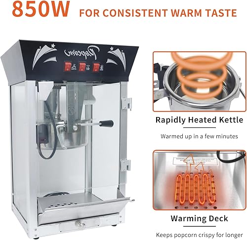 Miniatura 3 de Máquina comercial de palomitas de maíz de 12 onzas, máquina de palomitas de maíz de mesa de cine de 850 W con olla de acero inoxidable, vidrio