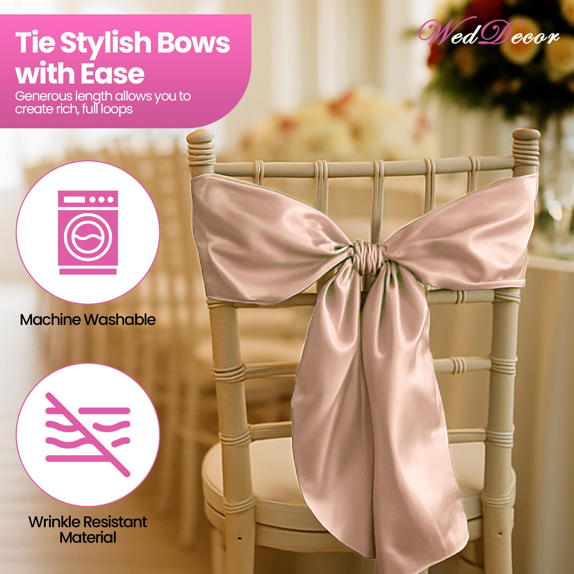 WedDecor Satynowa wstążka w kolorze różowego złota pełniejsza kokarda na ślub urodziny zaręczyny przyjęcie przyjęcie bankietowe wydarzenie dekoracja krzesła do jadalni - 18 x 274 cm, 100 szt