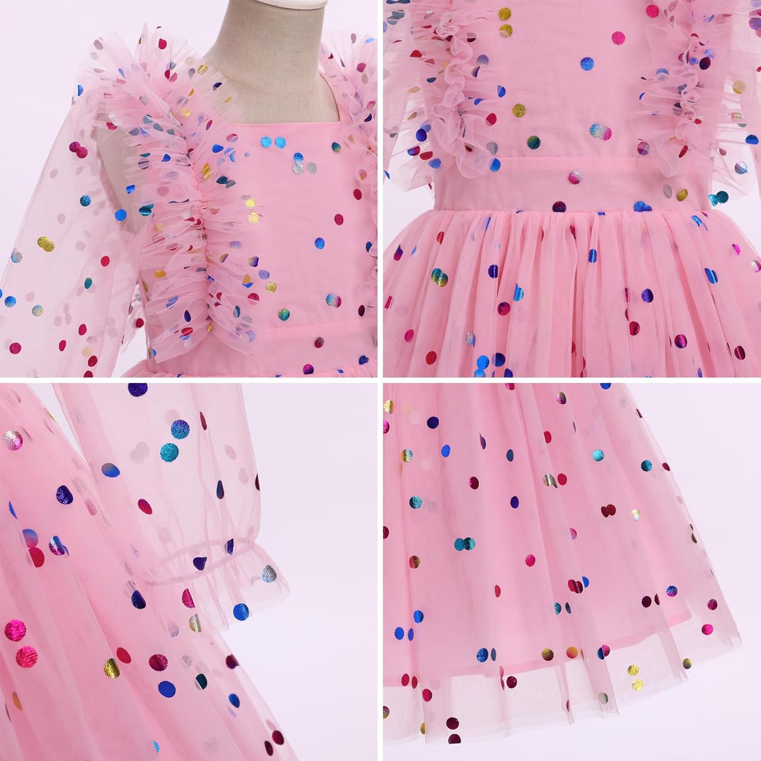 IDOPIP Toddler Girls Birthday Dresses Embroidery Floral Confetti Tulle Tutu Kid Princess Pageant Party Long Sleeve Dress 3-8T - Image 6