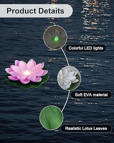Miniatura 7 de LOGUIDE Luces flotantes para piscina, luces LED de loto flotantes multicolor con luces, funciona con pilas, luces flotantes impermeables para