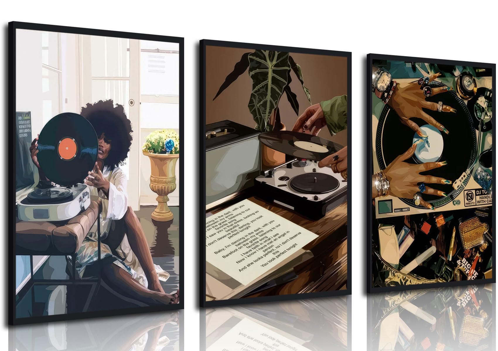 3Pcs Black Woman Art Poster African American Women Canvas Wall Art Funky Black Girl Record Music Posters prints for Modern Black Woman Bedroom Home Decoration 1