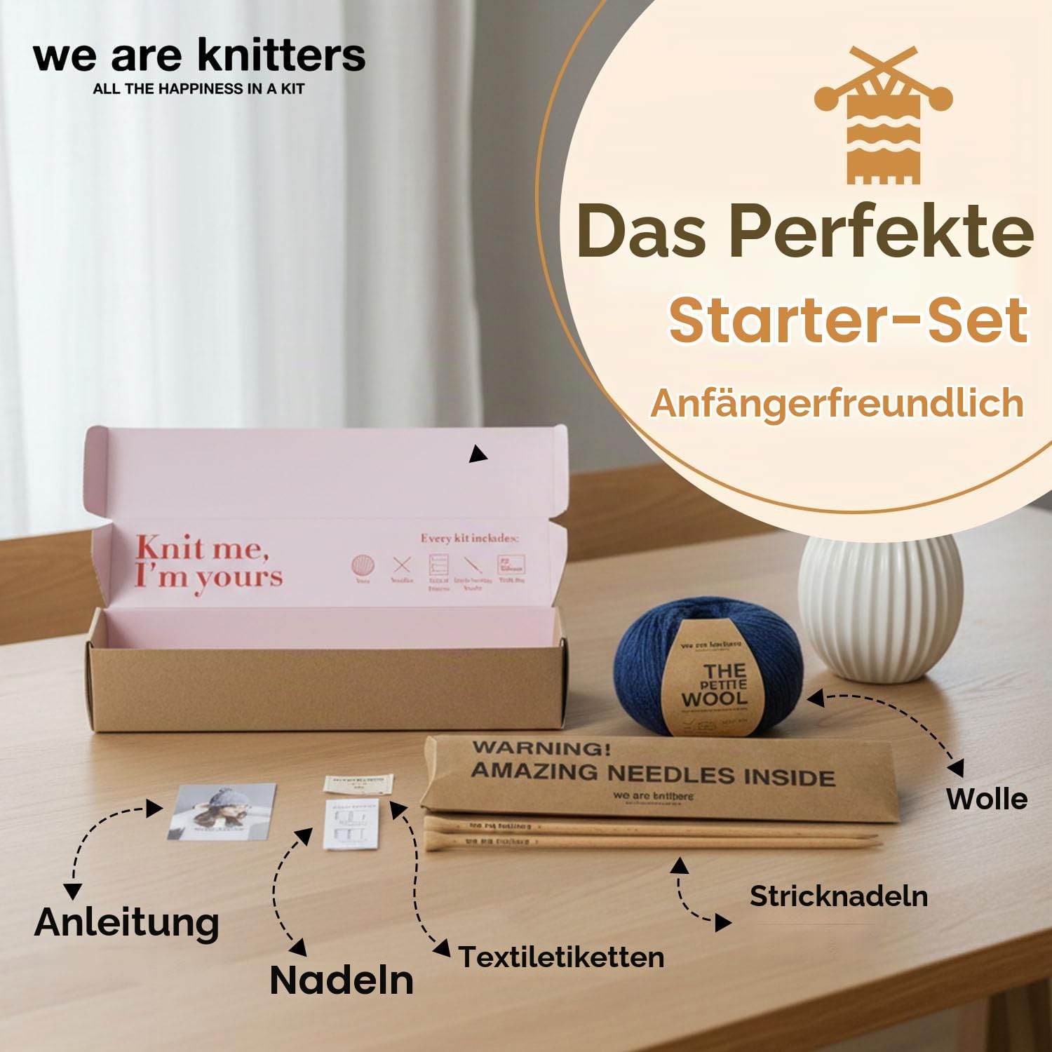 We Are Knitters Tremblant Beanie Strickset für Anfänger – Kompletter DIY Mütze-Strickkit mit Wolle, Nadeln & Anleitung – Handarbeits-Set aus 100% natürlicher Wolle für warme Winter-Mützen
