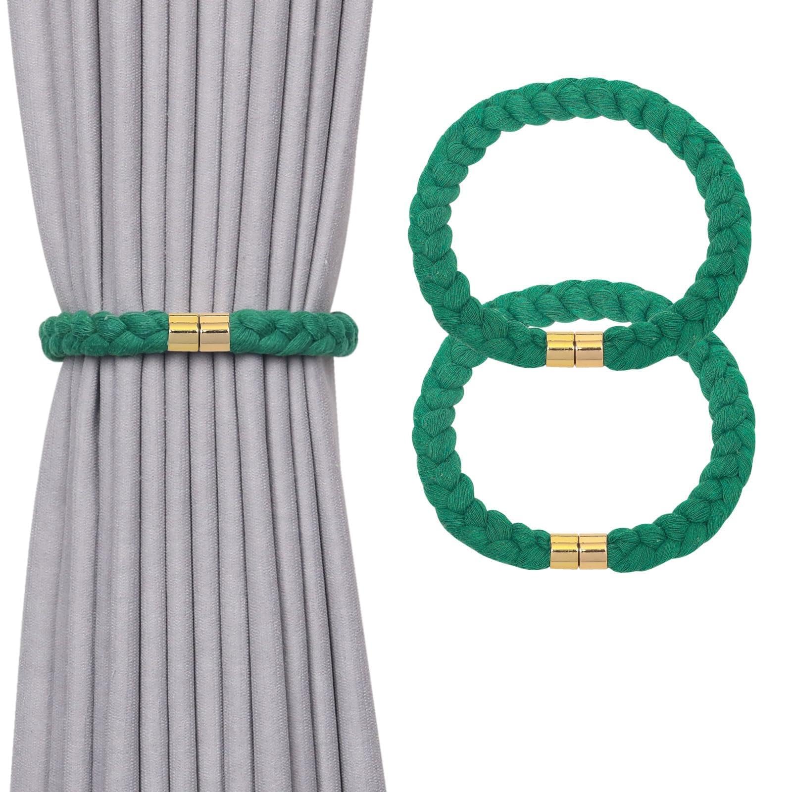 Pretty Jolly 2 Pack Natural Cotton Rope Magnetic Curtain Tiebacks Elegant Twisted Braid Style Drape Tie Backs Soft Hand-Woven Rope Curtain Holdbacks for Home & Office Window Draperies (Green-02)