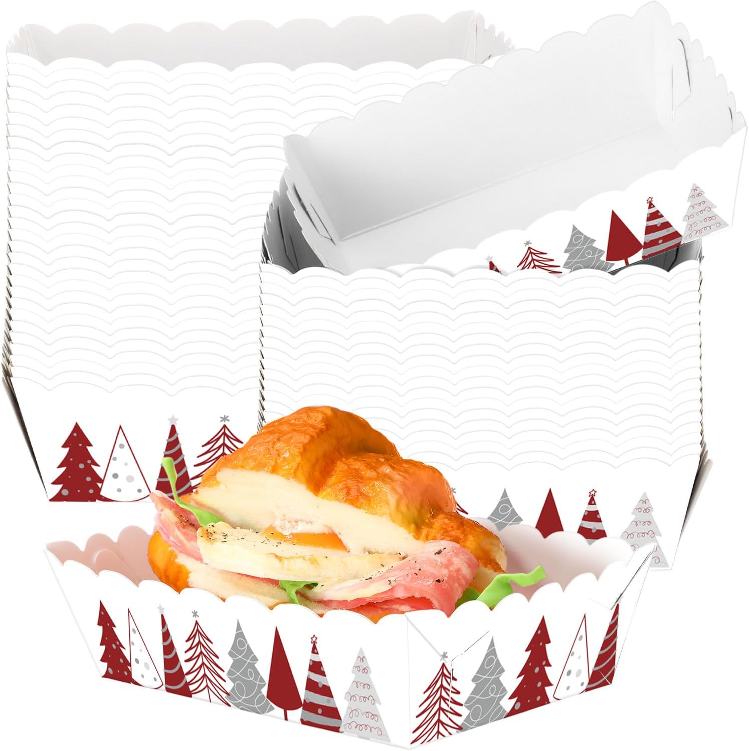 48 Pcs Christmas Tree Paper Food Trays for Xmas Party Decoration Red Christmas Food Boat Nacho Trays Disposable Snack Holder for Winter Holiday Xmas Party Supplies