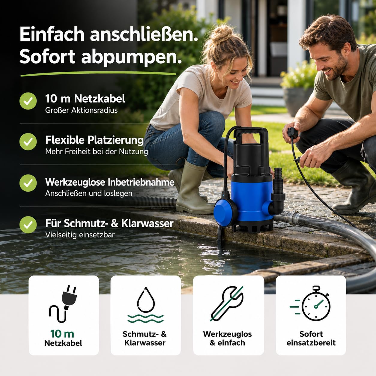 Pompa per acque luride 7500 l/h con 400 Watt – max. 5 m di altezza di consegna & 4 m di profondità di immersione, cavo da 10 m, protezione termica, robusta ruota in Noryl - Pompa sommersa per