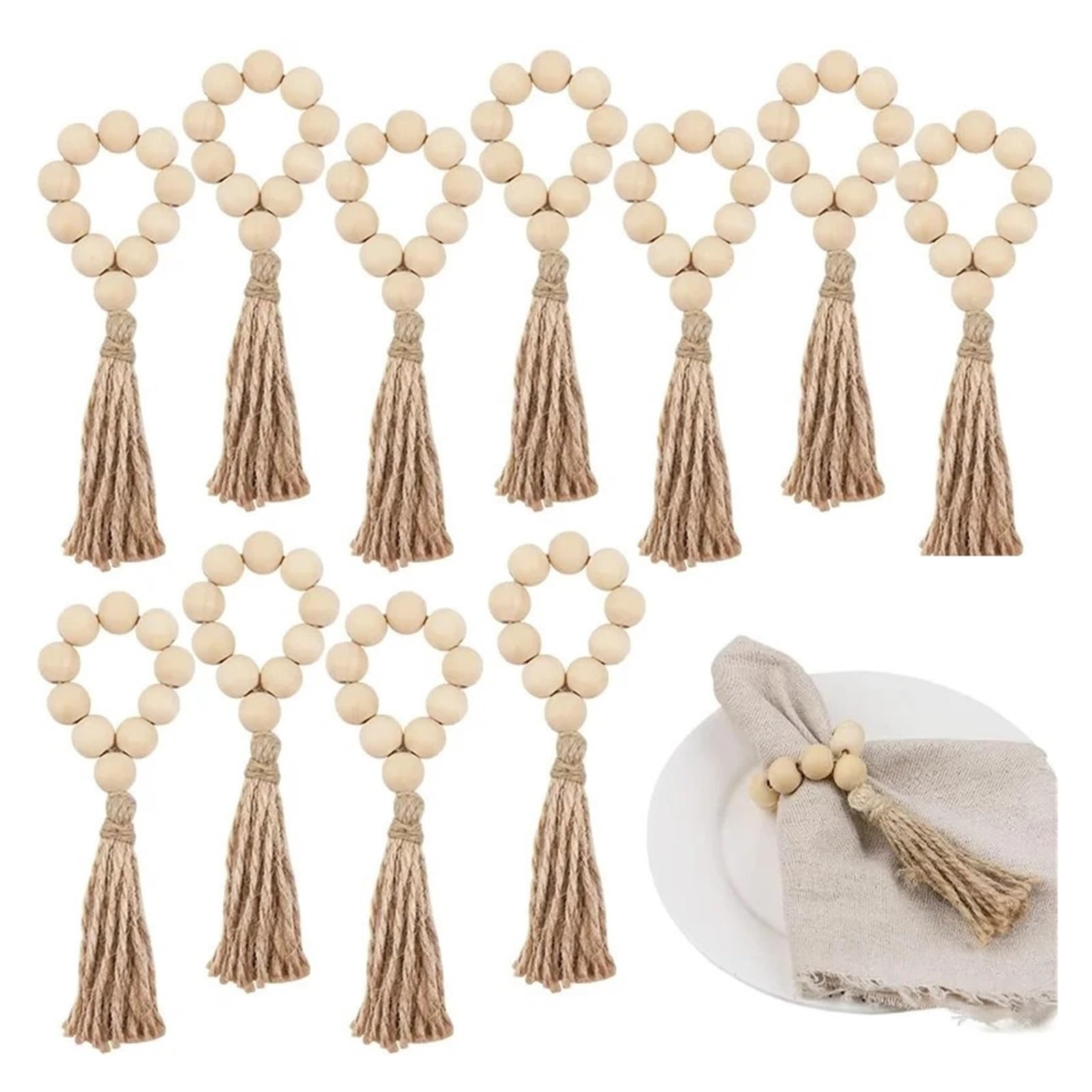 24Pcs Wooden Beads Napkin Rings with Tassels Rustic Table Decor for Wedding Christmas Party