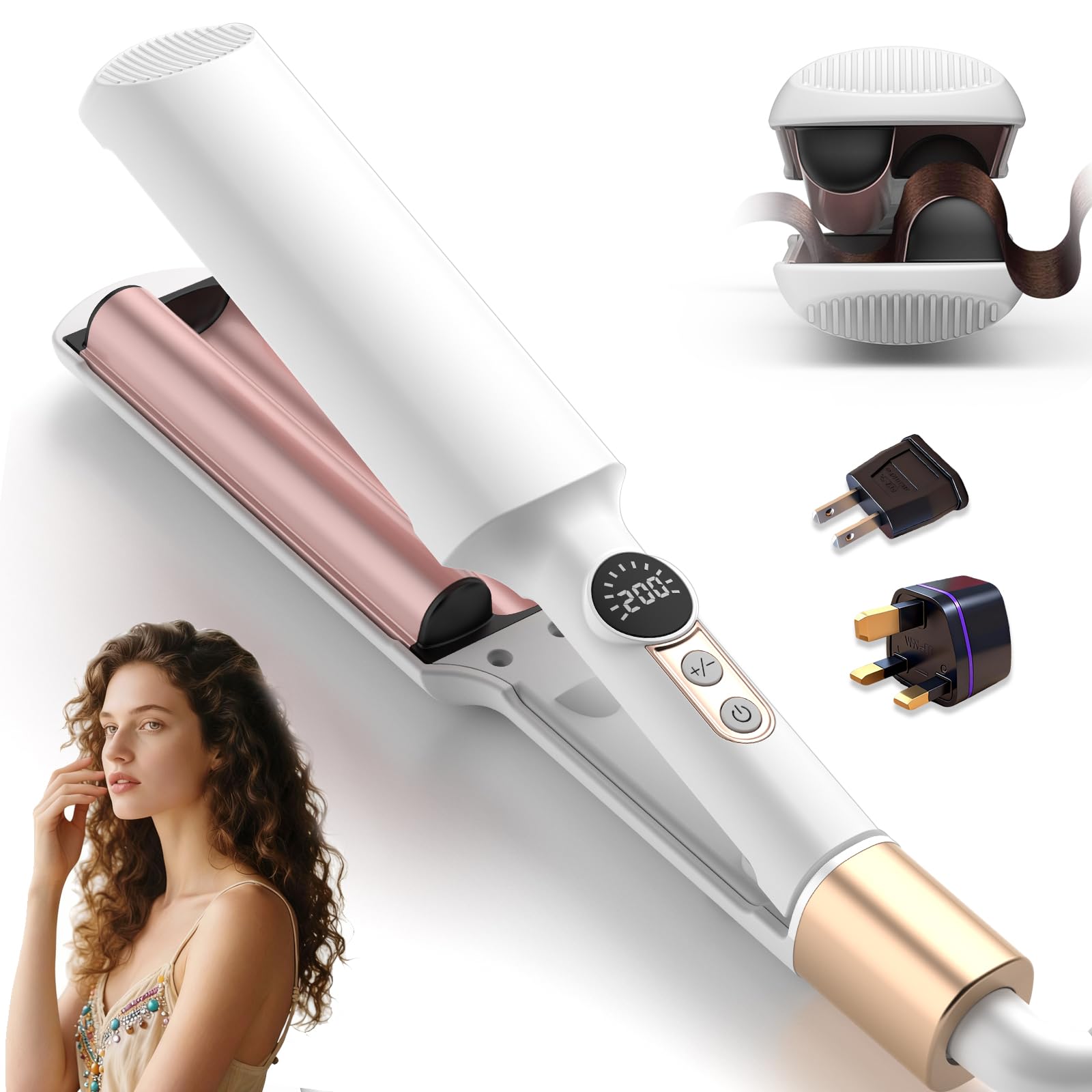 UKLISS Plancha Ondulada Pro Mini Para El Cabello Con 2 Adaptadores de Viaje, Pantalla LCD [120-210℃], Rizador de Ondas de Playa, Rizador de Pelo de Sirena Para Ondulaciones de Pelo, Rizador de Ondas