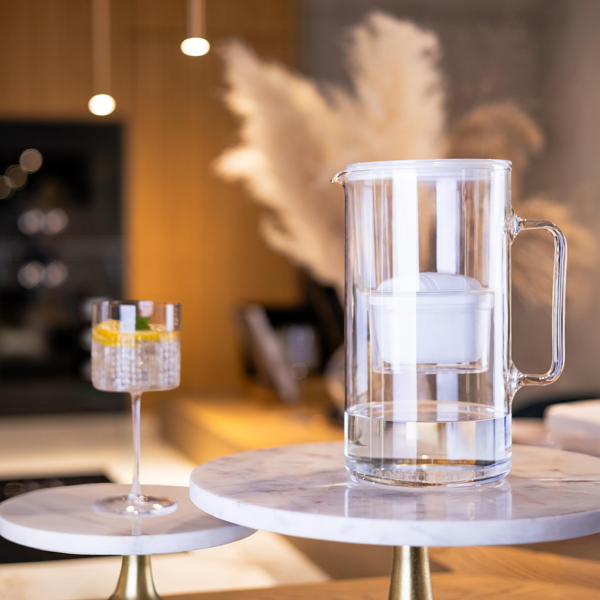 Wessper Carafe filtrante en verre 3 l compatible avec les cartouches filtrantes Brita - Avec 1 cartouche filtrante - Réduit le calcaire et le chlore - Blanc