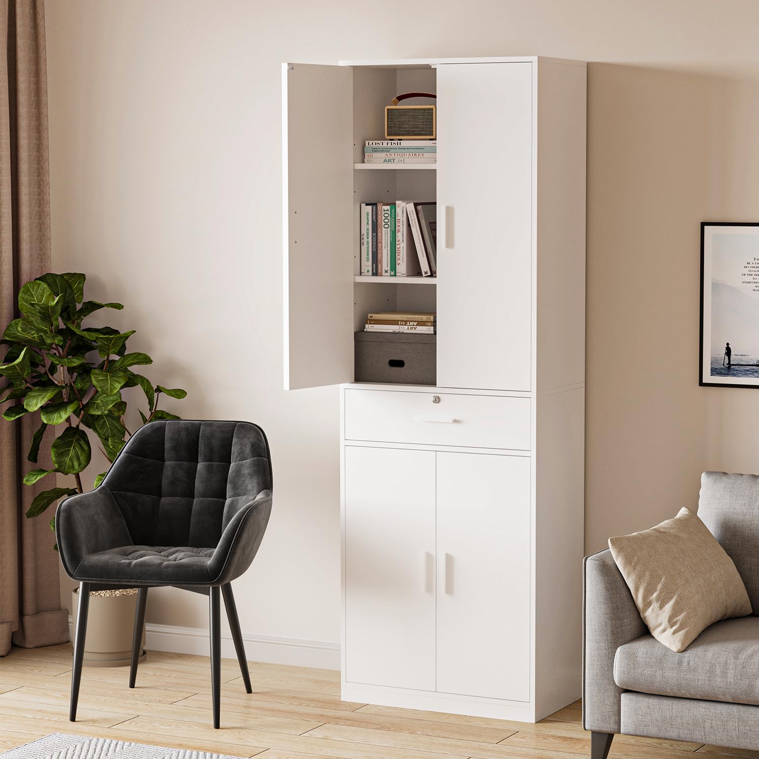 Mehrzweckschrank Büroschrank, Aktenschrank mit Schublade, Weiß | Schrank mit Schublade Türen，Kleiderschrank Küchenschrank Hochschrank，60x180x34 cm (BxHxT)