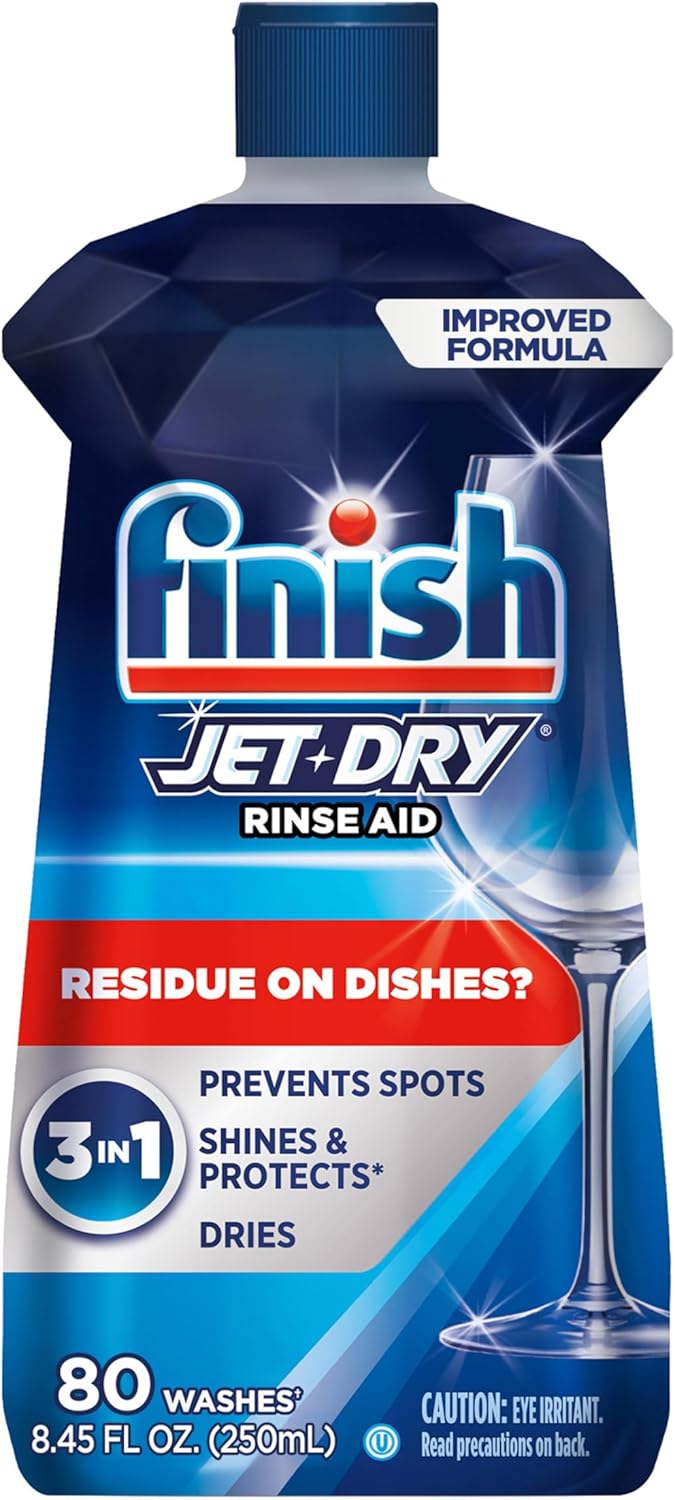 Finish Jet-Dry Dishwasher Rinse Aid, Compatible with Dishwasher Detergent, Prevents Spots & Residues, Dries, Shine & Protects, 8.45 oz, 80 Washes. Finish Jet-Dry Dishwasher Rinse Aid, Compatible with Dishwasher Detergent, Prevents Spots & Residues, Dries, Shine & Protects, 8.45 oz, 80 Washes.